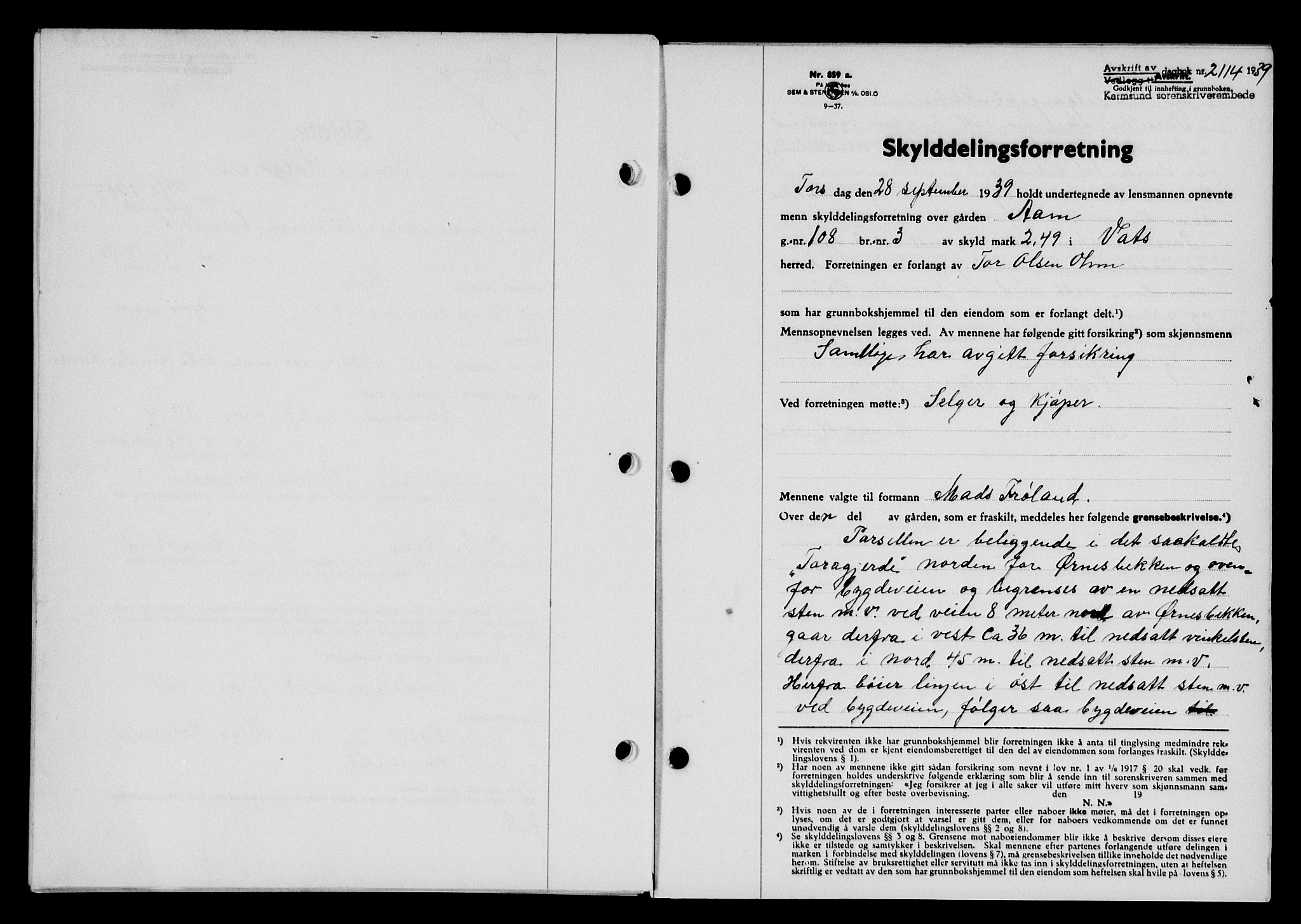 Karmsund sorenskriveri, SAST/A-100311/01/II/IIB/L0072: Pantebok nr. 53A, 1939-1940, Dagboknr: 2114/1939