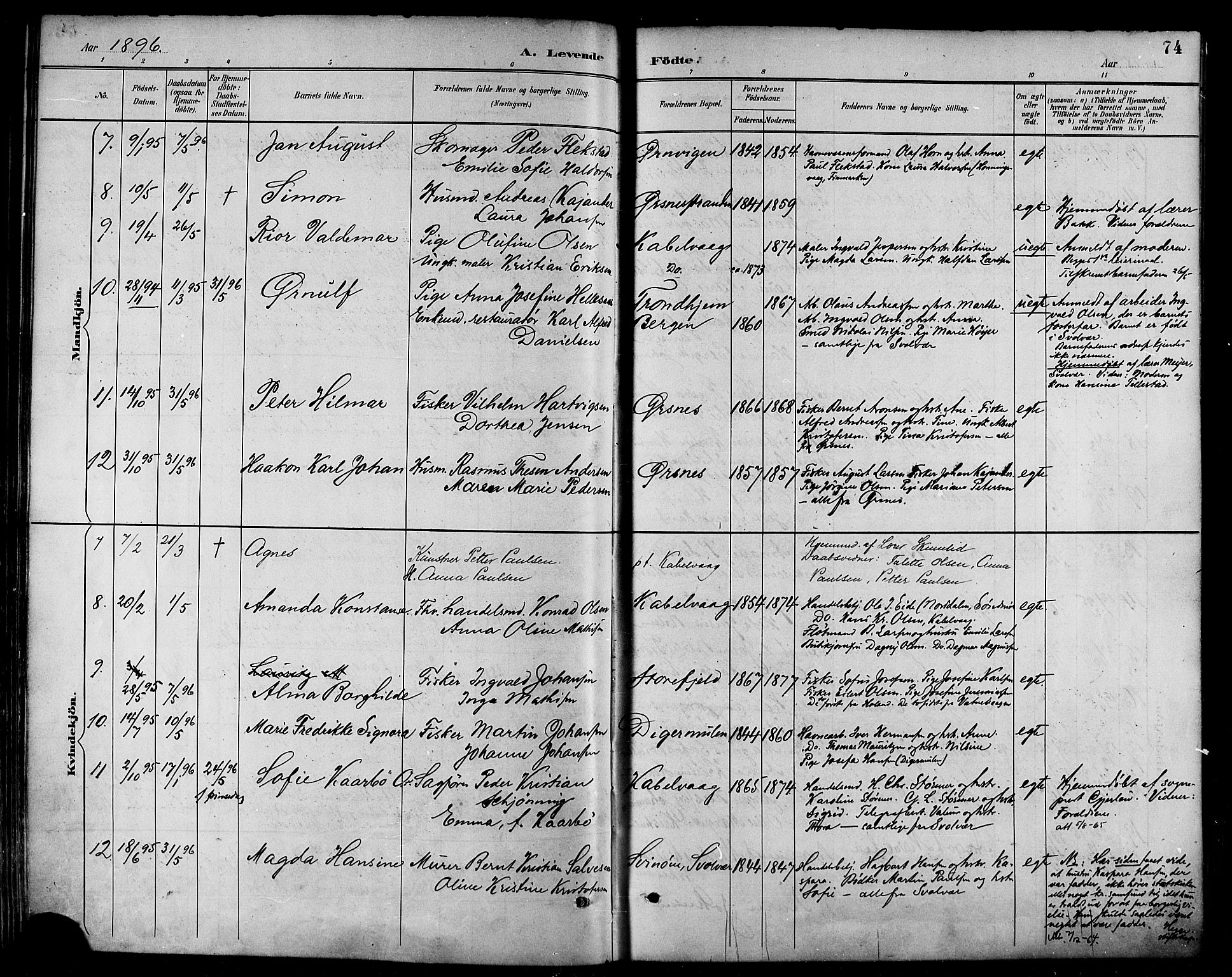 Ministerialprotokoller, klokkerbøker og fødselsregistre - Nordland, AV/SAT-A-1459/874/L1060: Ministerialbok nr. 874A04, 1890-1899, s. 74