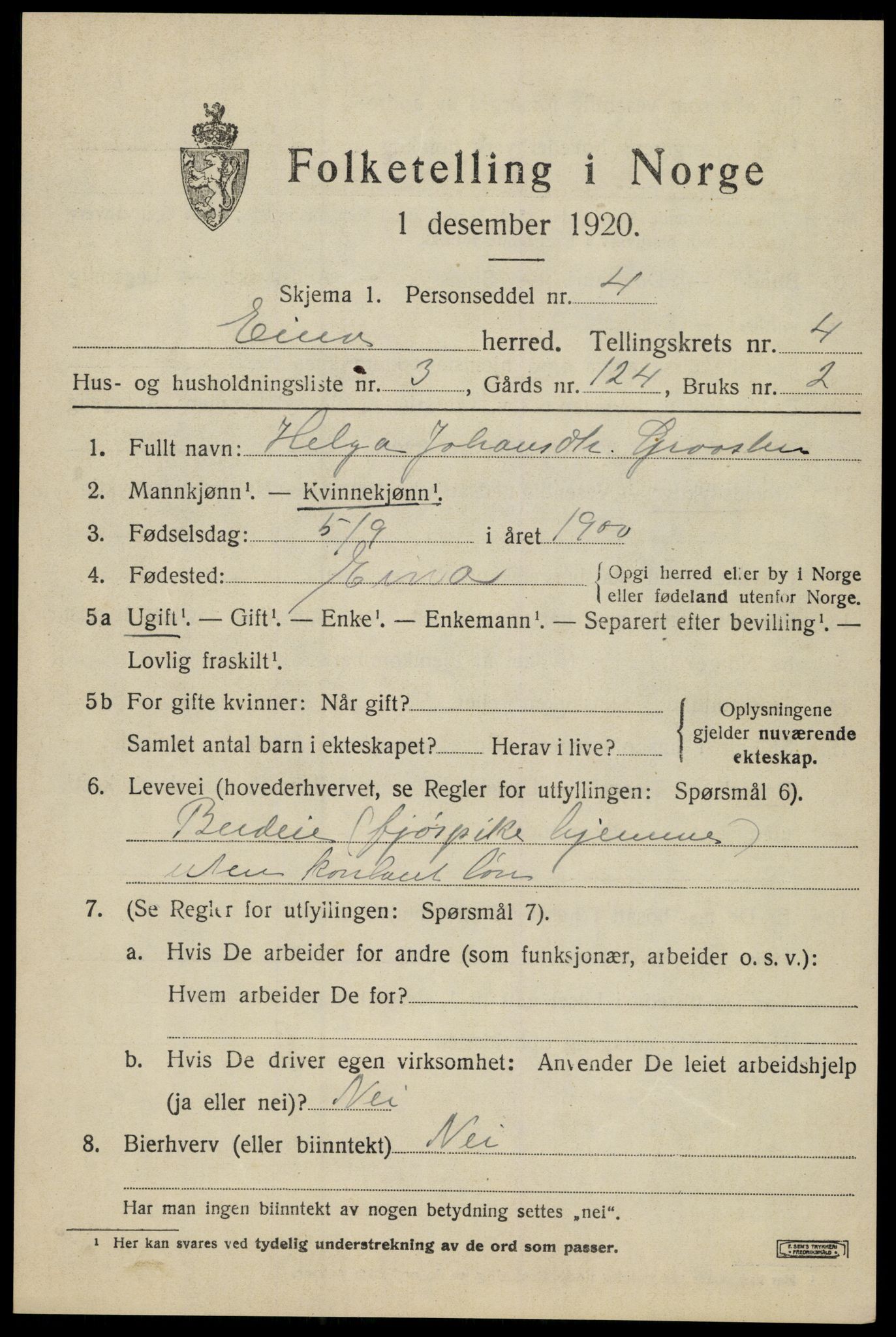 SAH, Folketelling 1920 for 0530 Eina herred, 1920, s. 2928