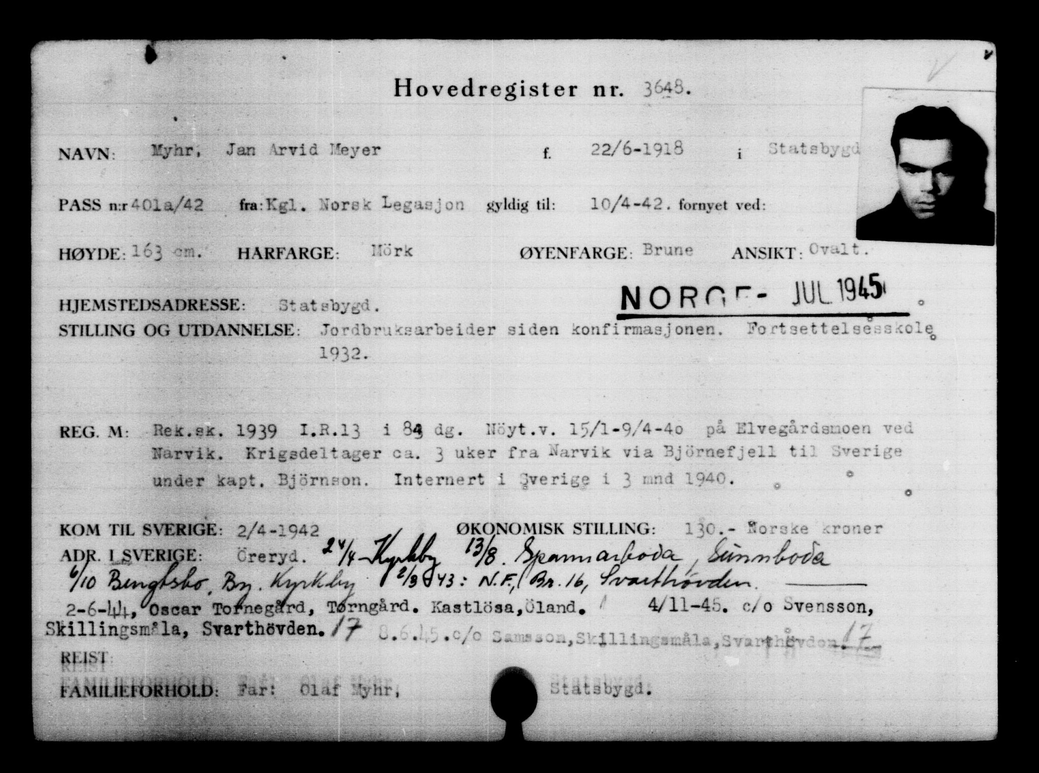 Den Kgl. Norske Legasjons Flyktningskontor, AV/RA-S-6753/V/Va/L0004: Kjesäterkartoteket.  Flyktningenr. 3496-6610, 1940-1945, s. 175