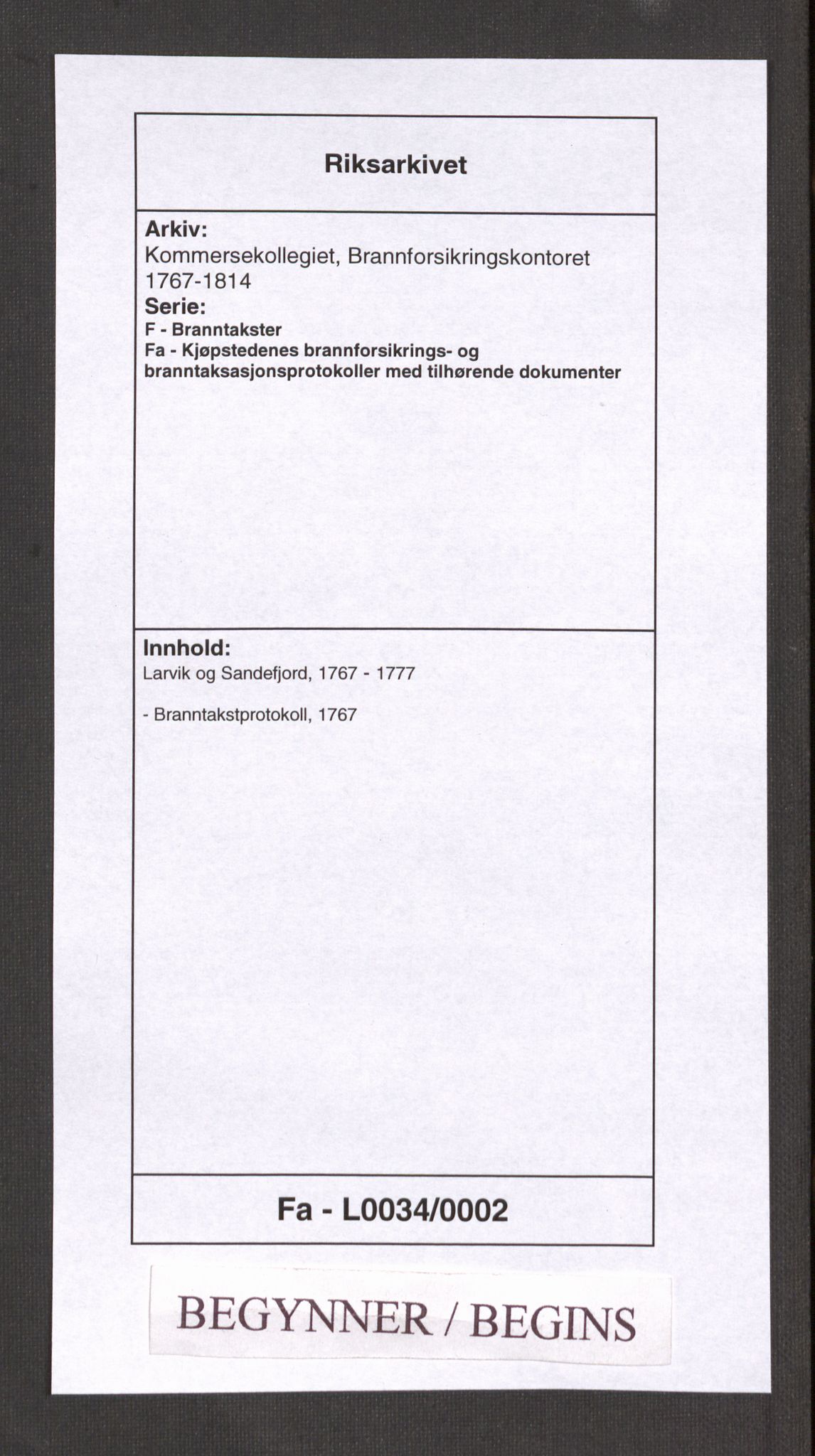 Kommersekollegiet, Brannforsikringskontoret 1767-1814, RA/EA-5458/F/Fa/L0034/0002: Larvik og Sandefjord / Branntakstprotokoll, 1767