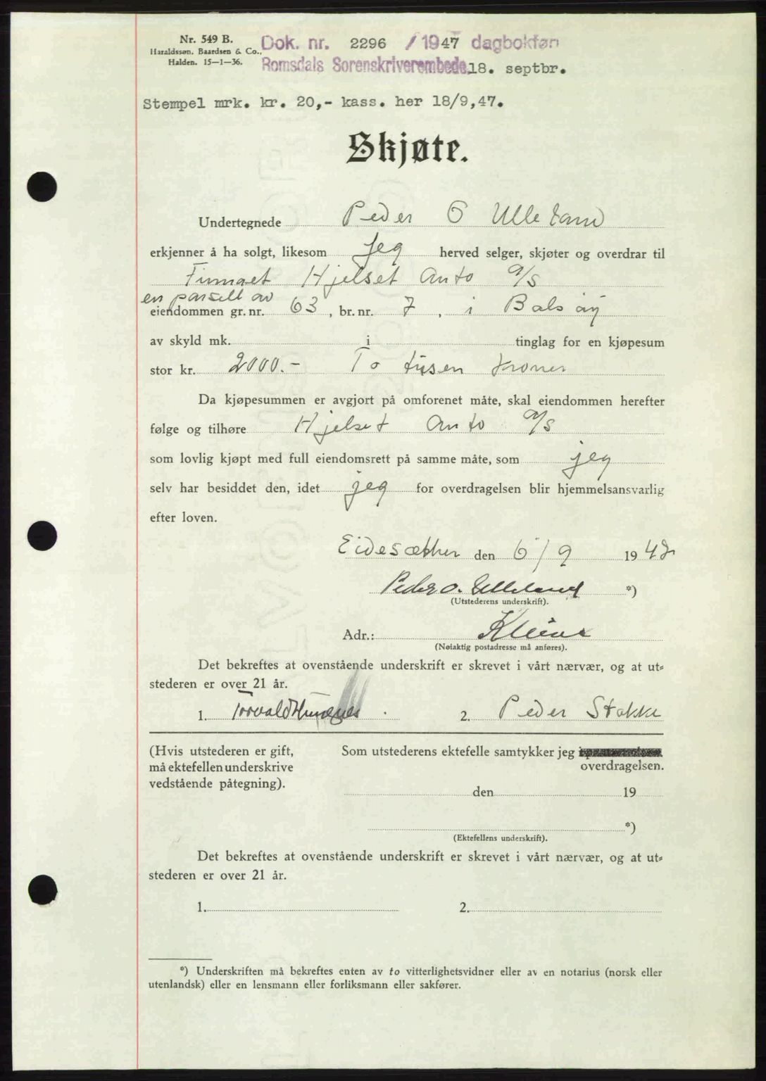 Romsdal sorenskriveri, AV/SAT-A-4149/1/2/2C: Pantebok nr. A24, 1947-1947, Dagboknr: 2296/1947