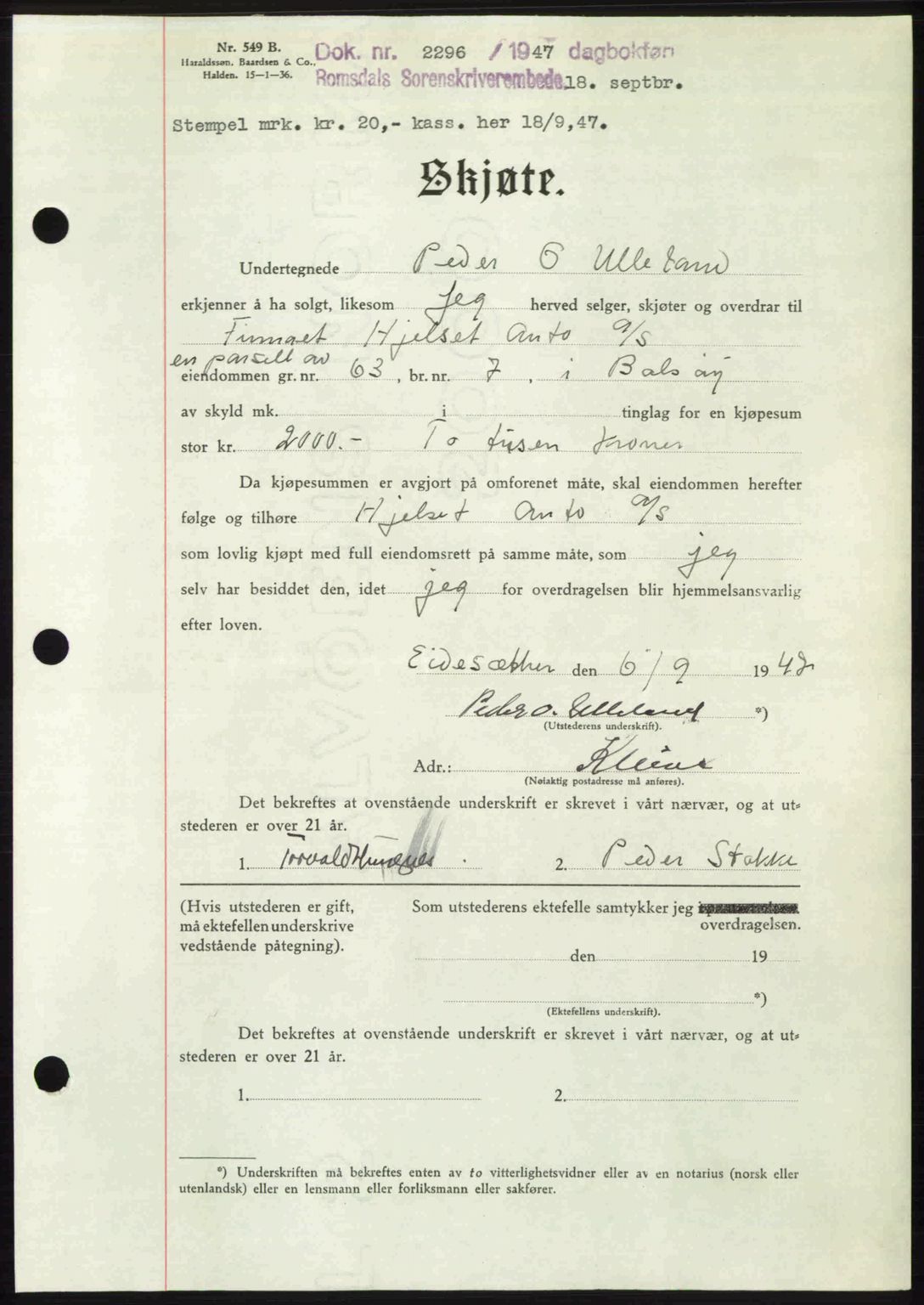 Romsdal sorenskriveri, SAT/A-4149/1/2/2C: Pantebok nr. A24, 1947-1947, Dagboknr: 2296/1947