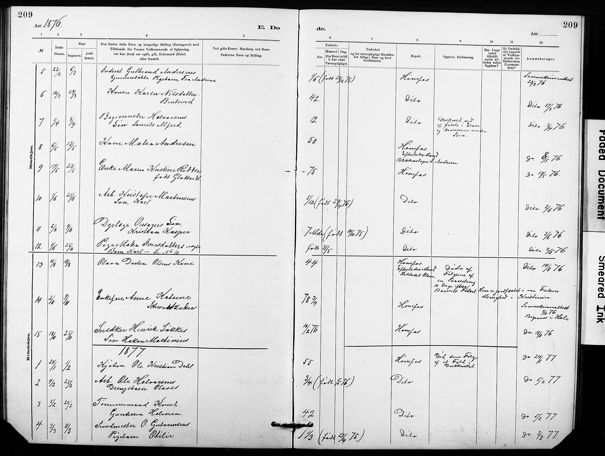 Hønefoss kirkebøker, AV/SAKO-A-609/G/Ga/L0001: Klokkerbok nr. 1, 1870-1887, s. 209