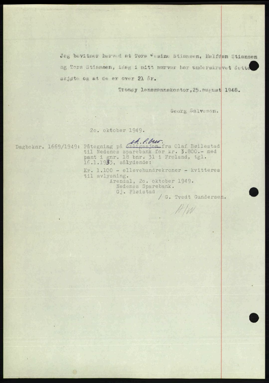 Nedenes sorenskriveri, SAK/1221-0006/G/Gb/Gba/L0061: Pantebok nr. A13, 1949-1949, Dagboknr: 1668/1949