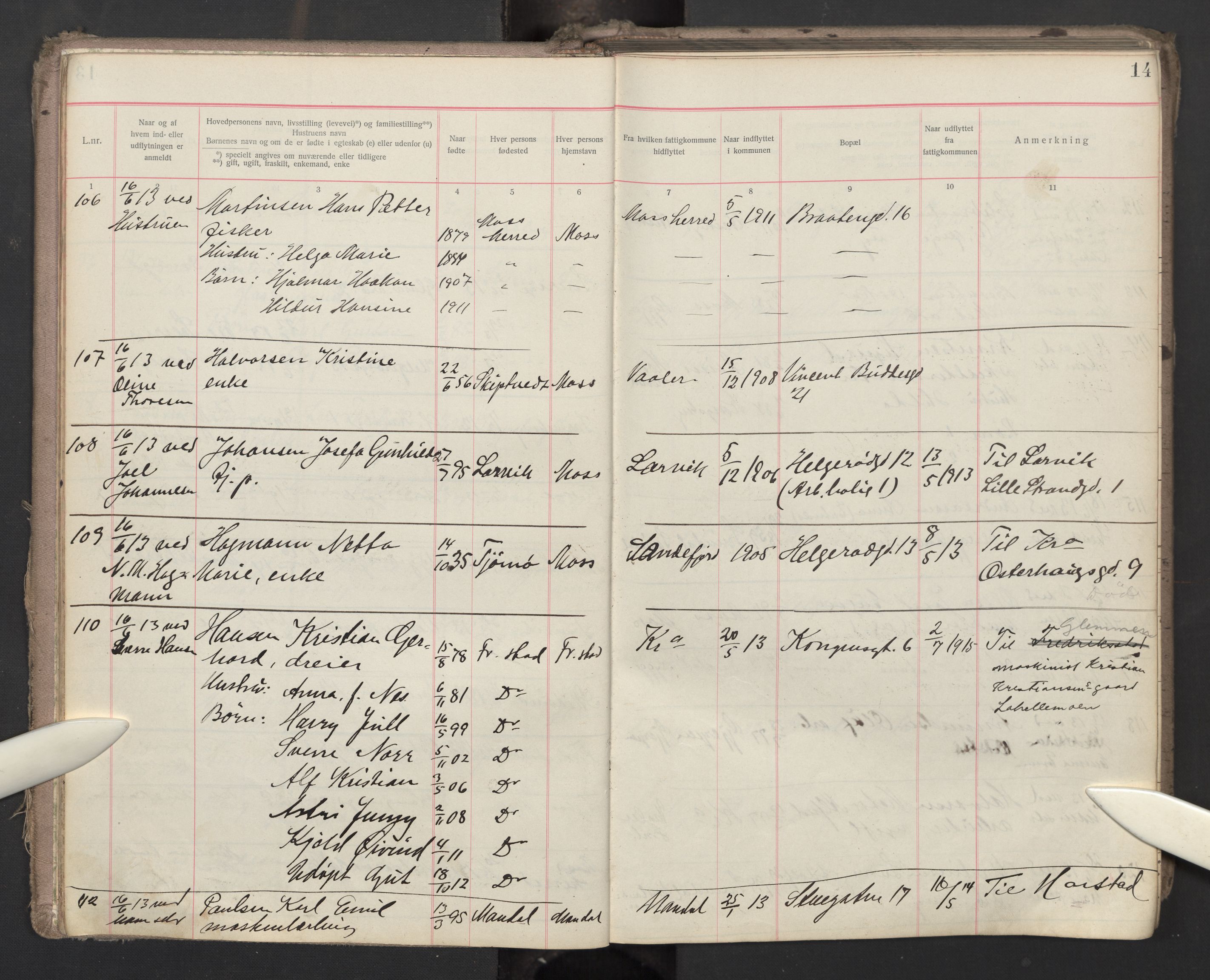 Moss folkeregister, AV/SAO-A-10020/J/L0003: Inn- og utflyttede i Moss fattigkommune, 1913-1917, s. 14