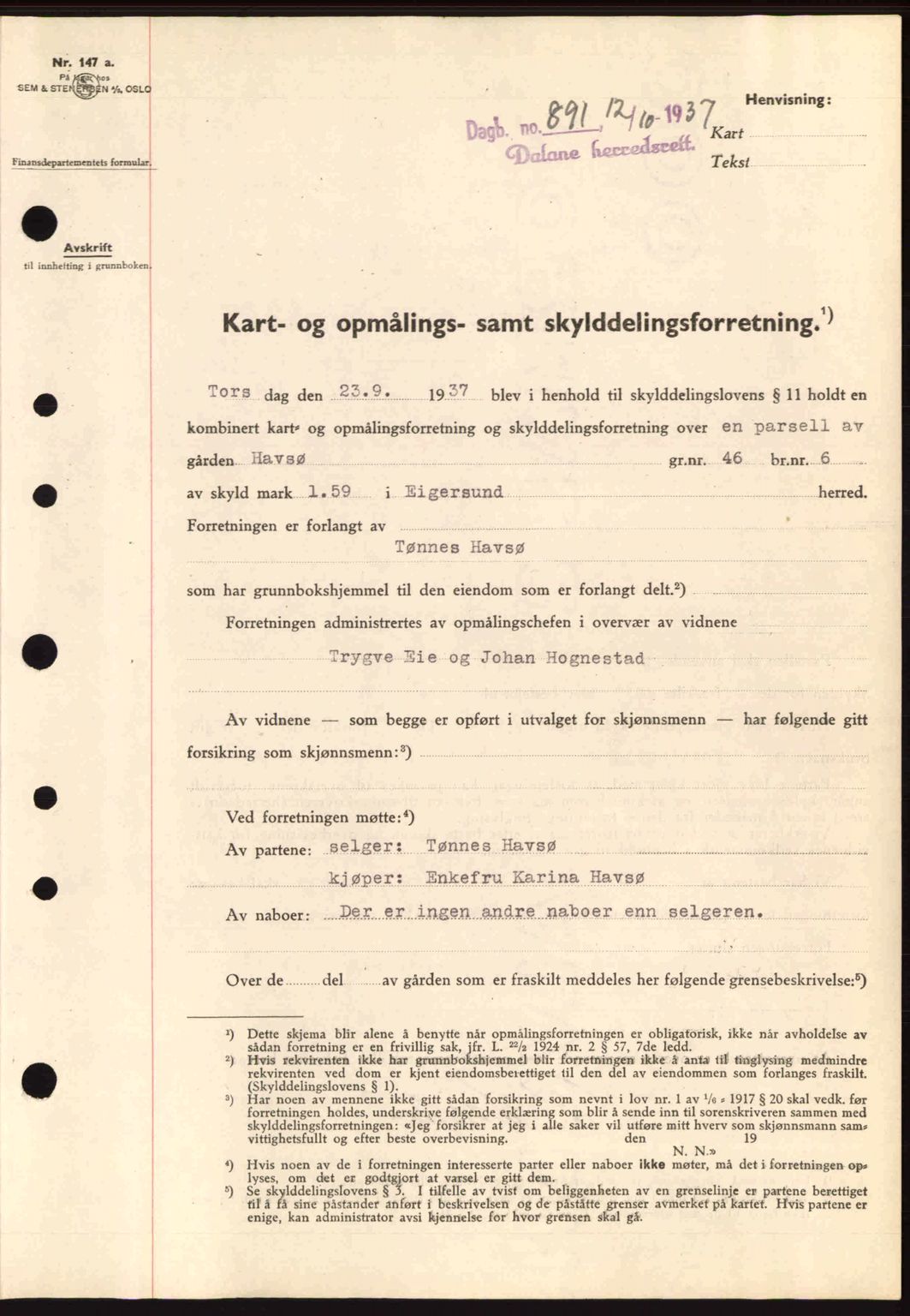 Dalane sorenskriveri, SAST/A-100309/02/G/Gb/L0041: Pantebok nr. A2, 1936-1937, Dagboknr: 891/1937