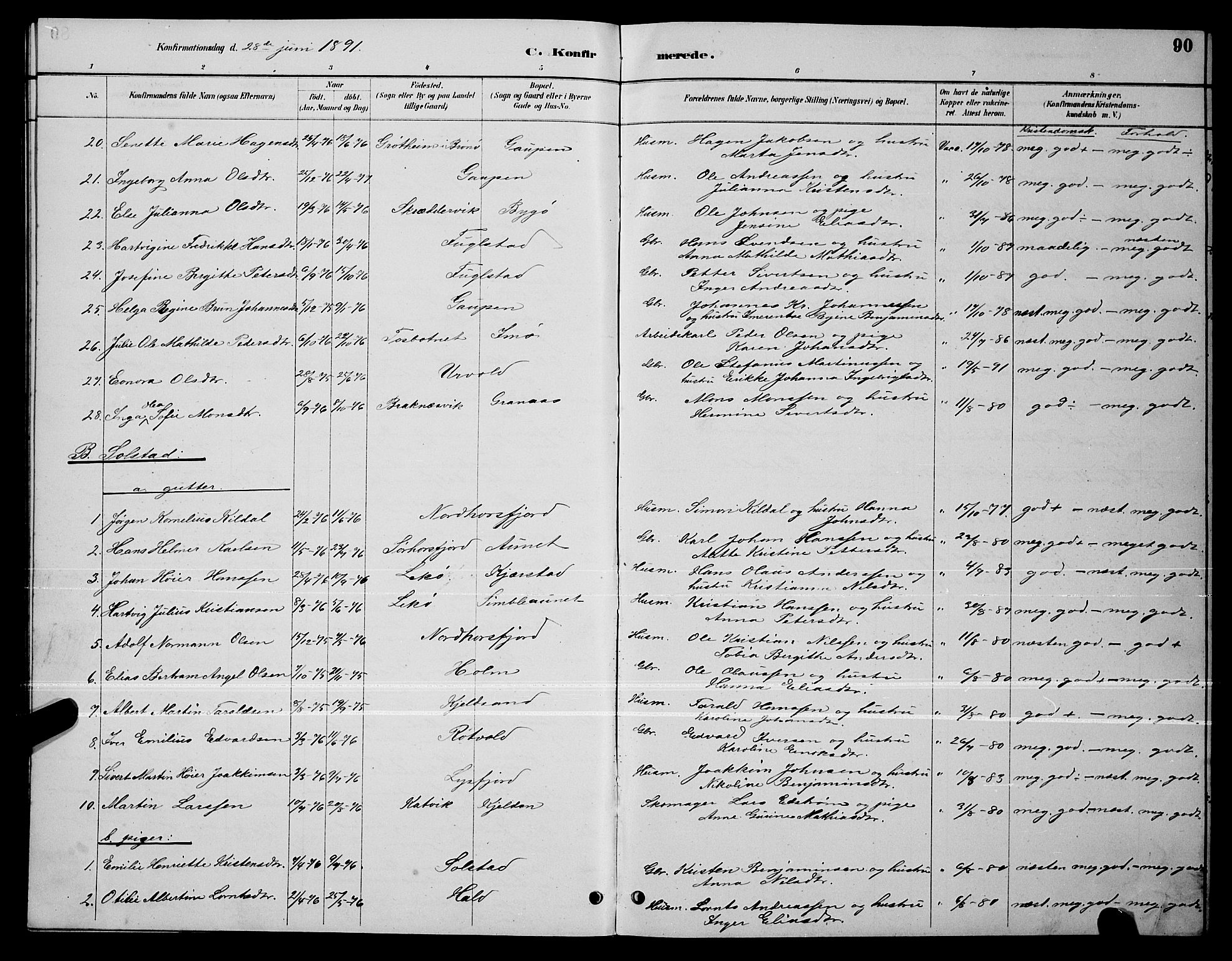 Ministerialprotokoller, klokkerbøker og fødselsregistre - Nordland, SAT/A-1459/810/L0160: Klokkerbok nr. 810C03, 1884-1896, s. 90