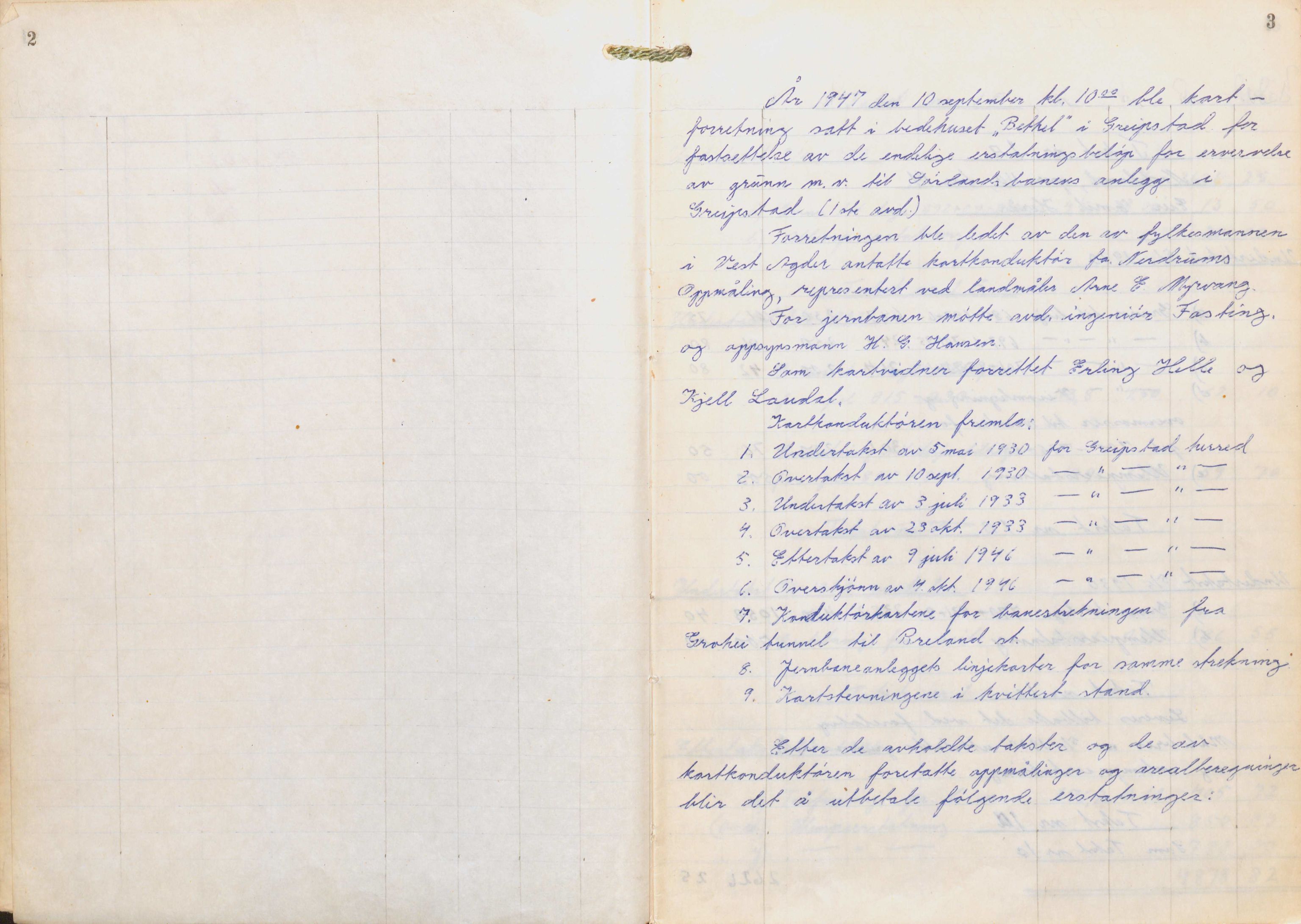 NSB Baneavdelingen, AV/SAK-1821-0004/F/Fc/Fch/L0256/0003: Grunnerstatninger, målebrev / Kartkonduktørprotokoll for Kristiansand - Moi, 1. og 2. avd., 1947, s. 2-3