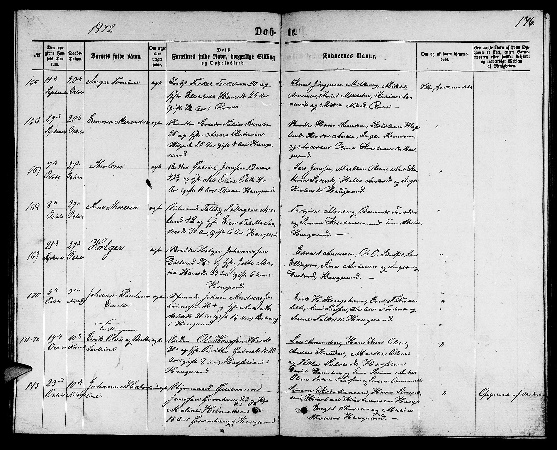 Torvastad sokneprestkontor, AV/SAST-A -101857/H/Ha/Hab/L0007: Klokkerbok nr. B 7, 1866-1873, s. 176