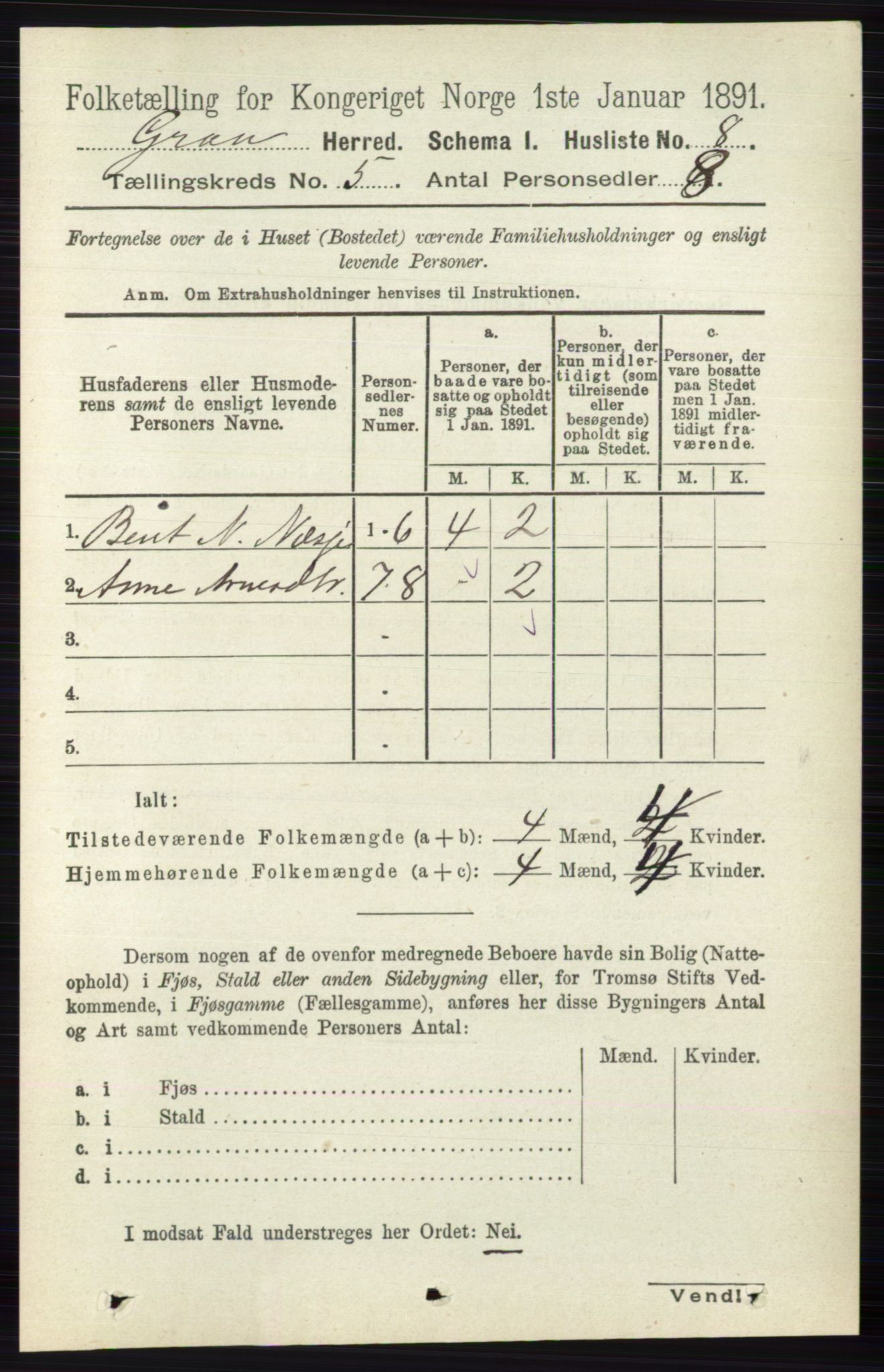 RA, Folketelling 1891 for 0534 Gran herred, 1891, s. 1524