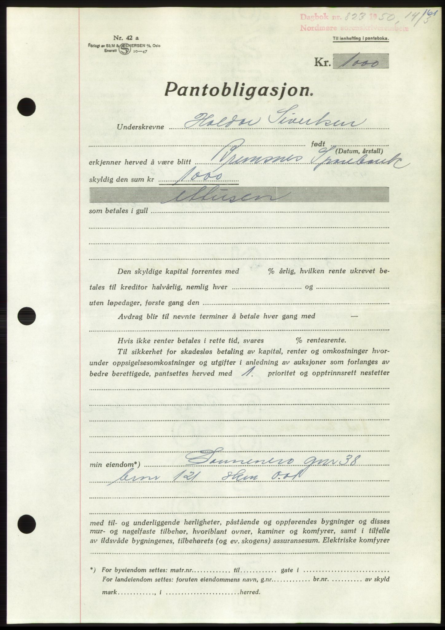 Nordmøre sorenskriveri, SAT/A-4132/1/2/2Ca: Pantebok nr. B104, 1950-1950, Dagboknr: 823/1950