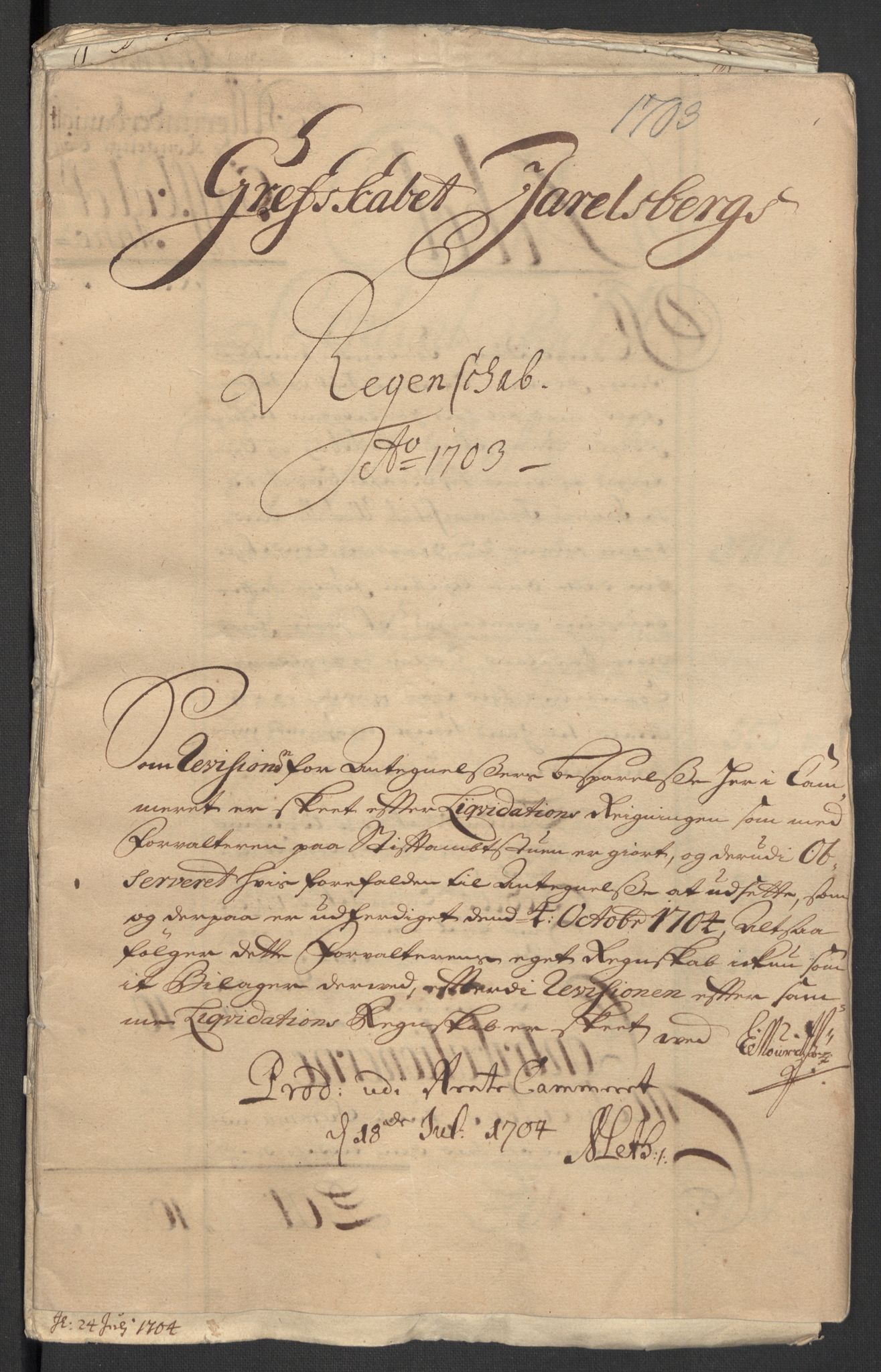 Rentekammeret inntil 1814, Reviderte regnskaper, Fogderegnskap, AV/RA-EA-4092/R32/L1871: Fogderegnskap Jarlsberg grevskap, 1703-1705, s. 3