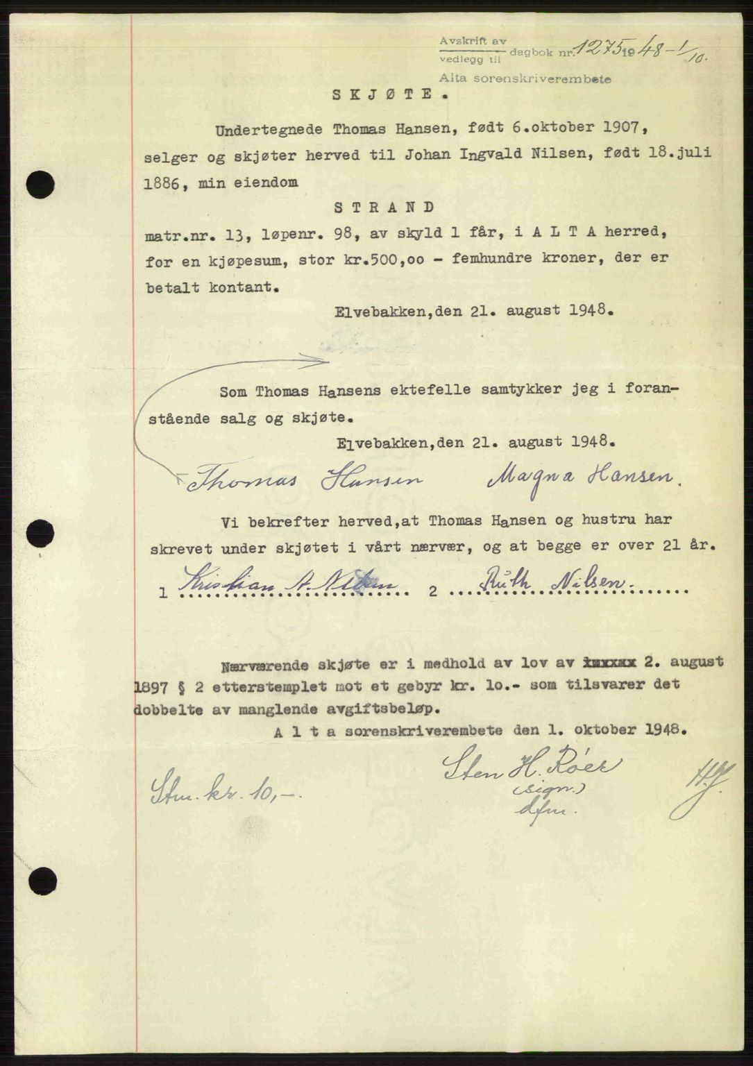 Alta fogderi/sorenskriveri, SATØ/SATØ-5/1/K/Kd/L0037pantebok: Pantebok nr. 39-40, 1948-1949, Dagboknr: 1275/1948