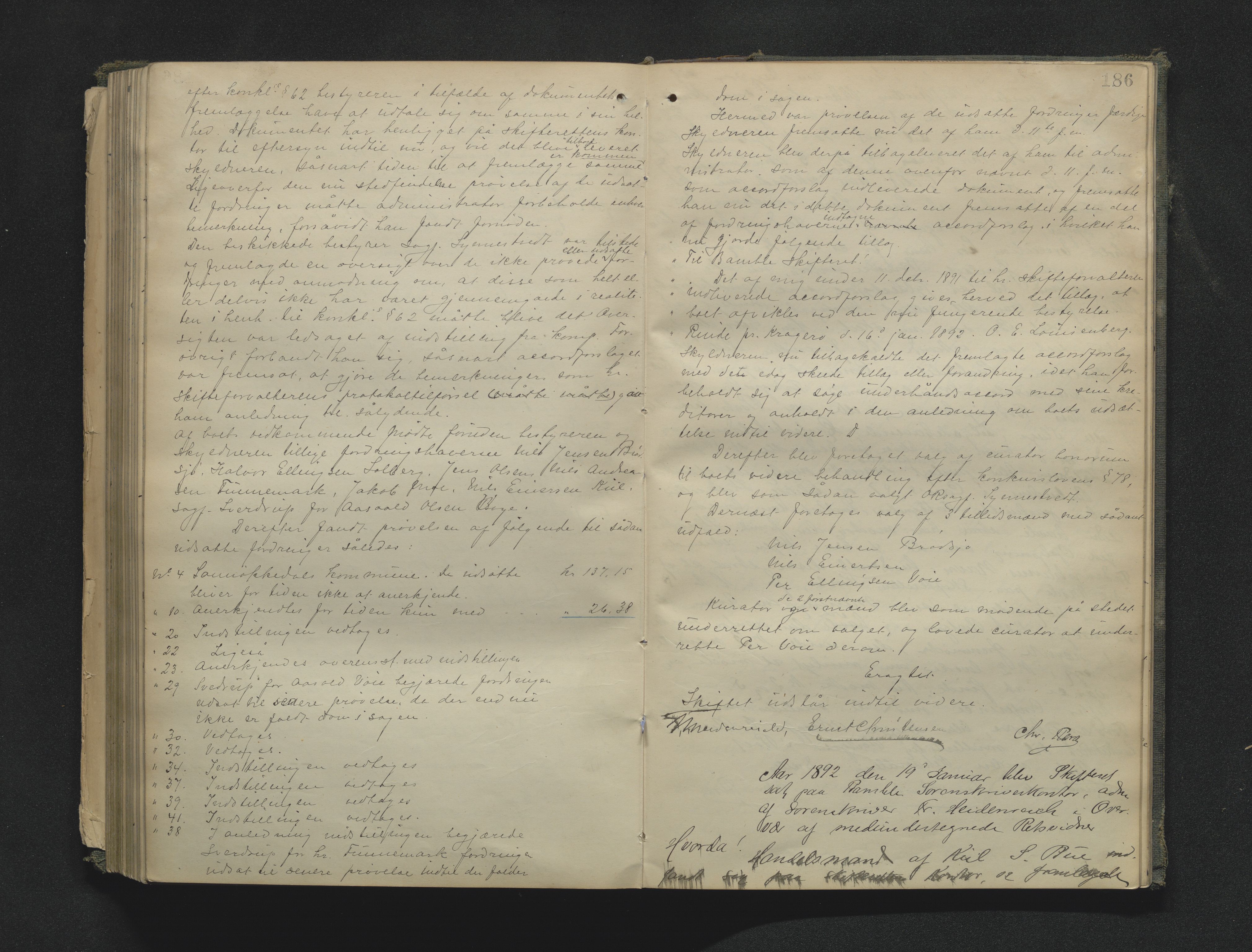 Bamble sorenskriveri, SAKO/A-214/H/Hb/Hbc/L0009: Skifteforhandlingsprotokoll, 1887-1892, s. 186