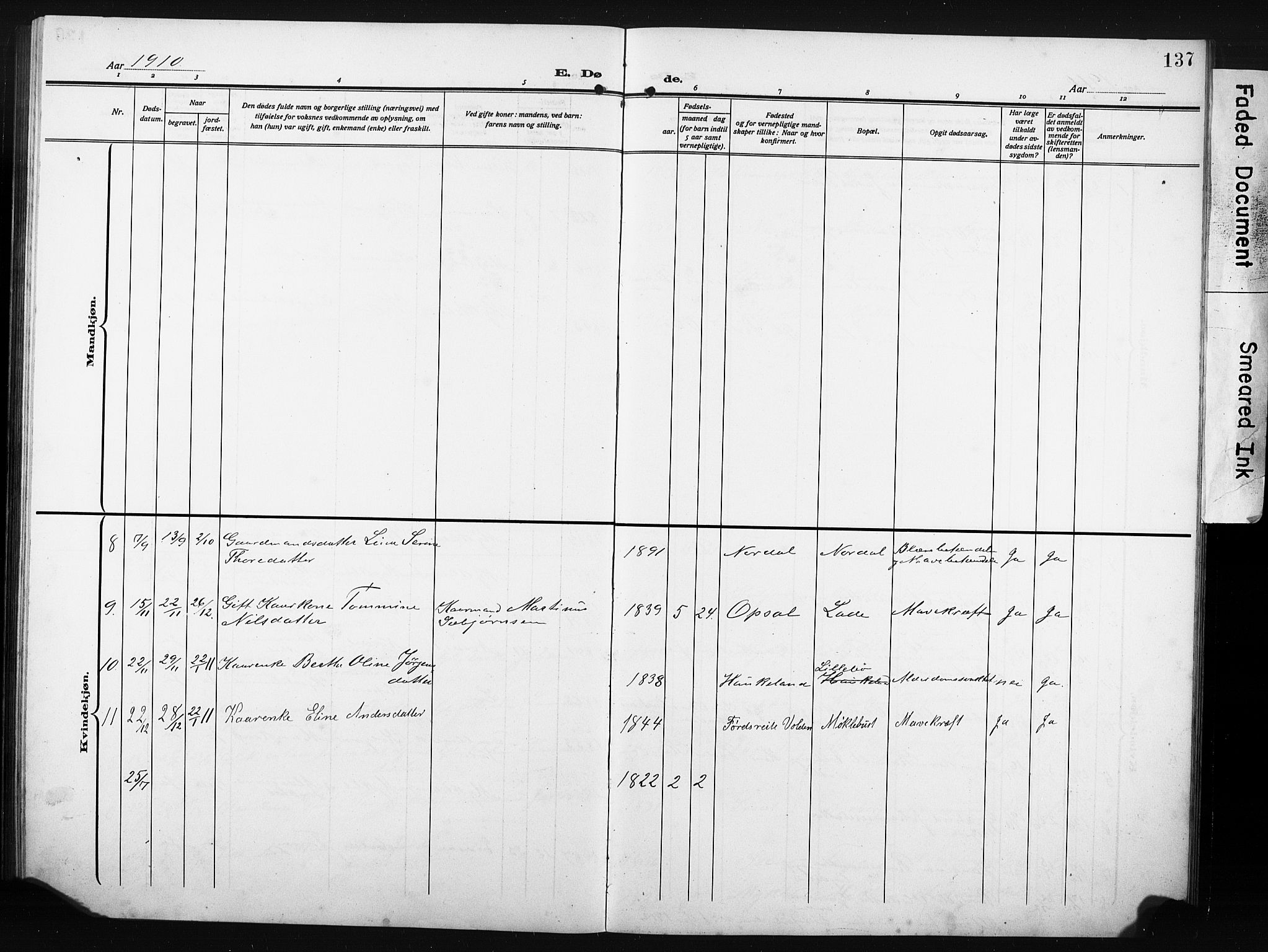 Ministerialprotokoller, klokkerbøker og fødselsregistre - Møre og Romsdal, AV/SAT-A-1454/502/L0028: Klokkerbok nr. 502C02, 1909-1932, s. 137