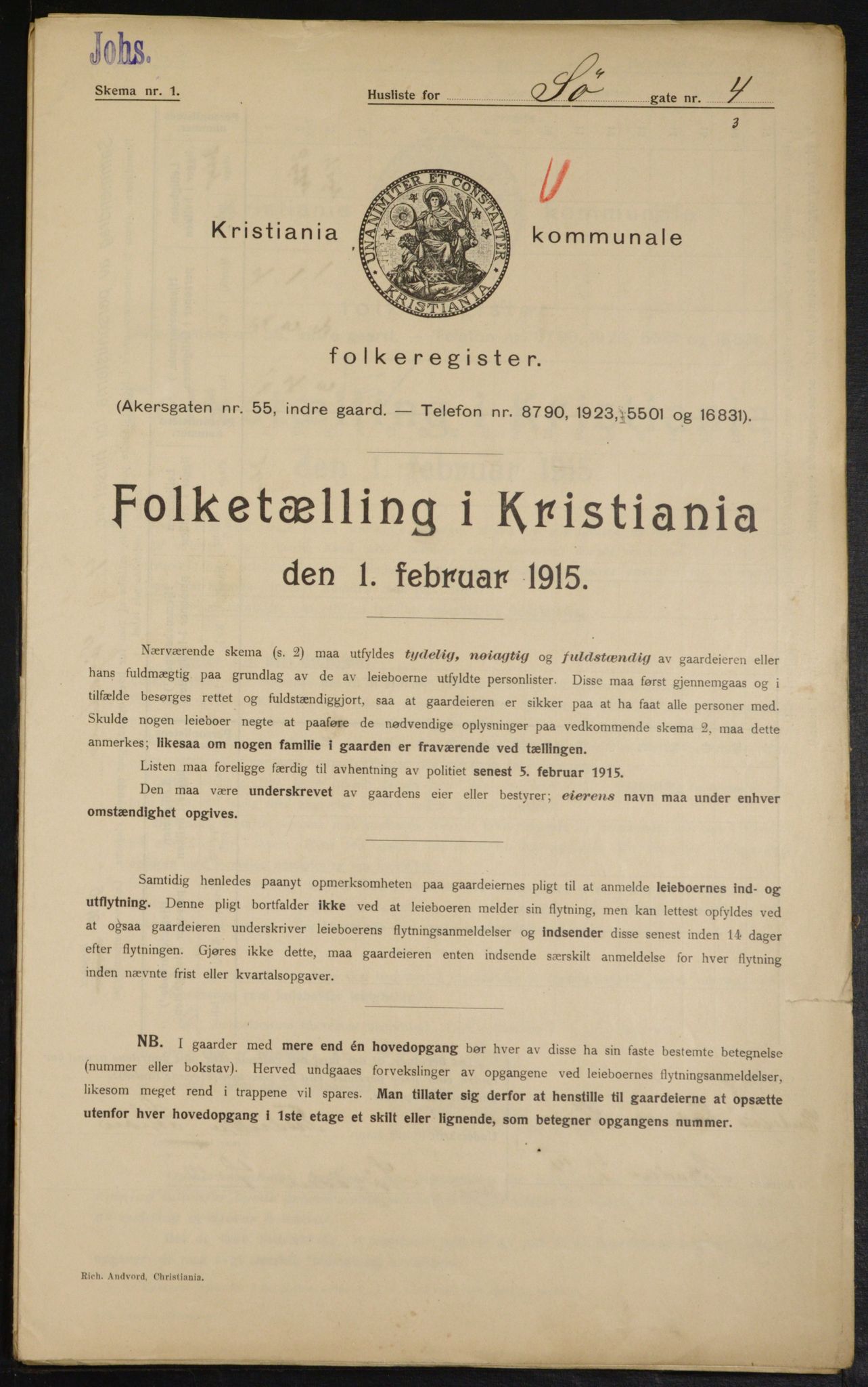 OBA, Kommunal folketelling 1.2.1915 for Kristiania, 1915, s. 94985