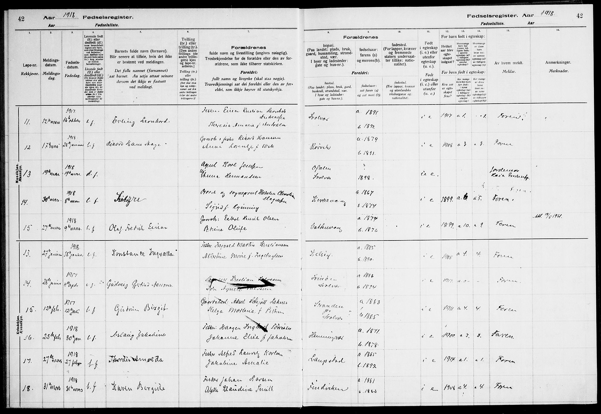 Ministerialprotokoller, klokkerbøker og fødselsregistre - Nordland, SAT/A-1459/874/L1089: Fødselsregister nr. 874.II.4.1, 1916-1926, s. 42