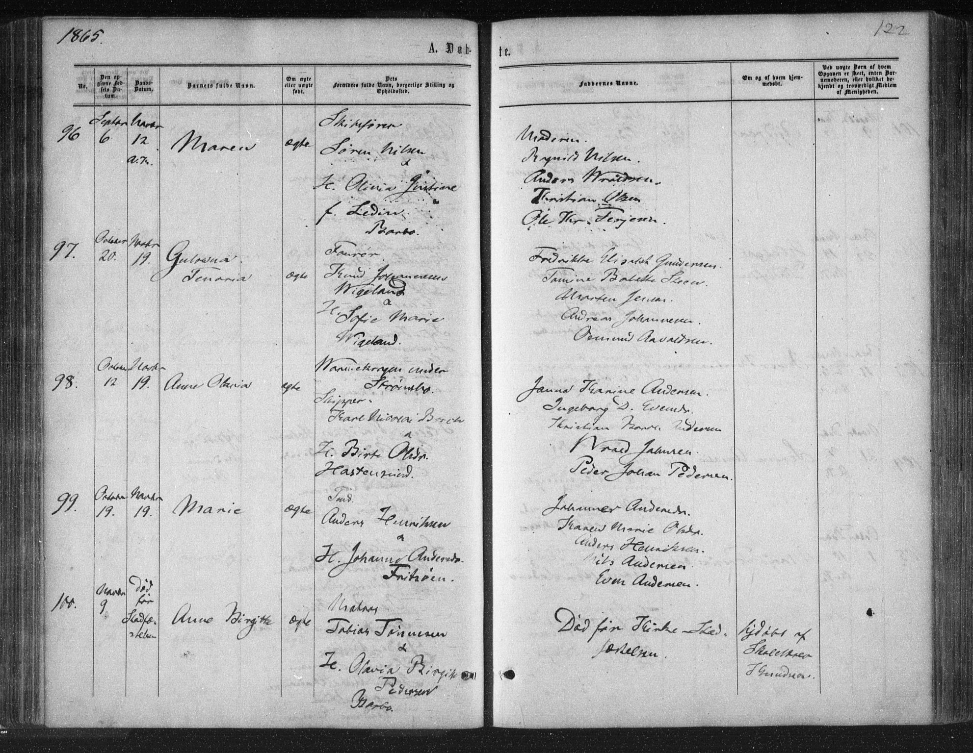 Tromøy sokneprestkontor, AV/SAK-1111-0041/F/Fa/L0007: Ministerialbok nr. A 7, 1864-1869, s. 122