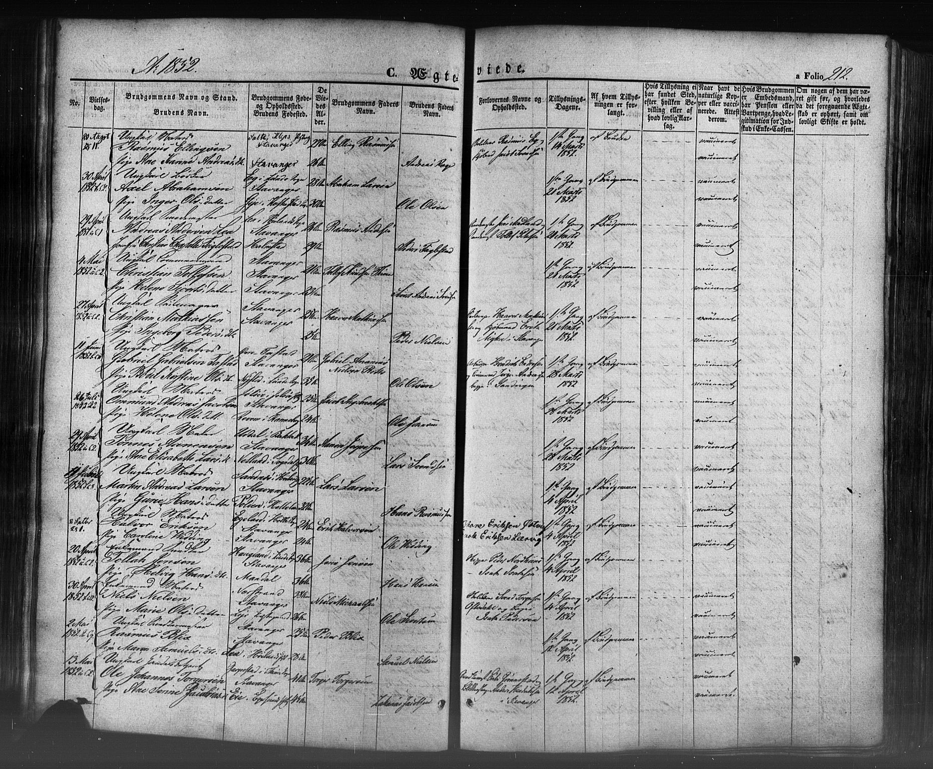 Domkirken sokneprestkontor, AV/SAST-A-101812/001/30/30BB/L0009: Klokkerbok nr. B 9, 1850-1858, s. 212