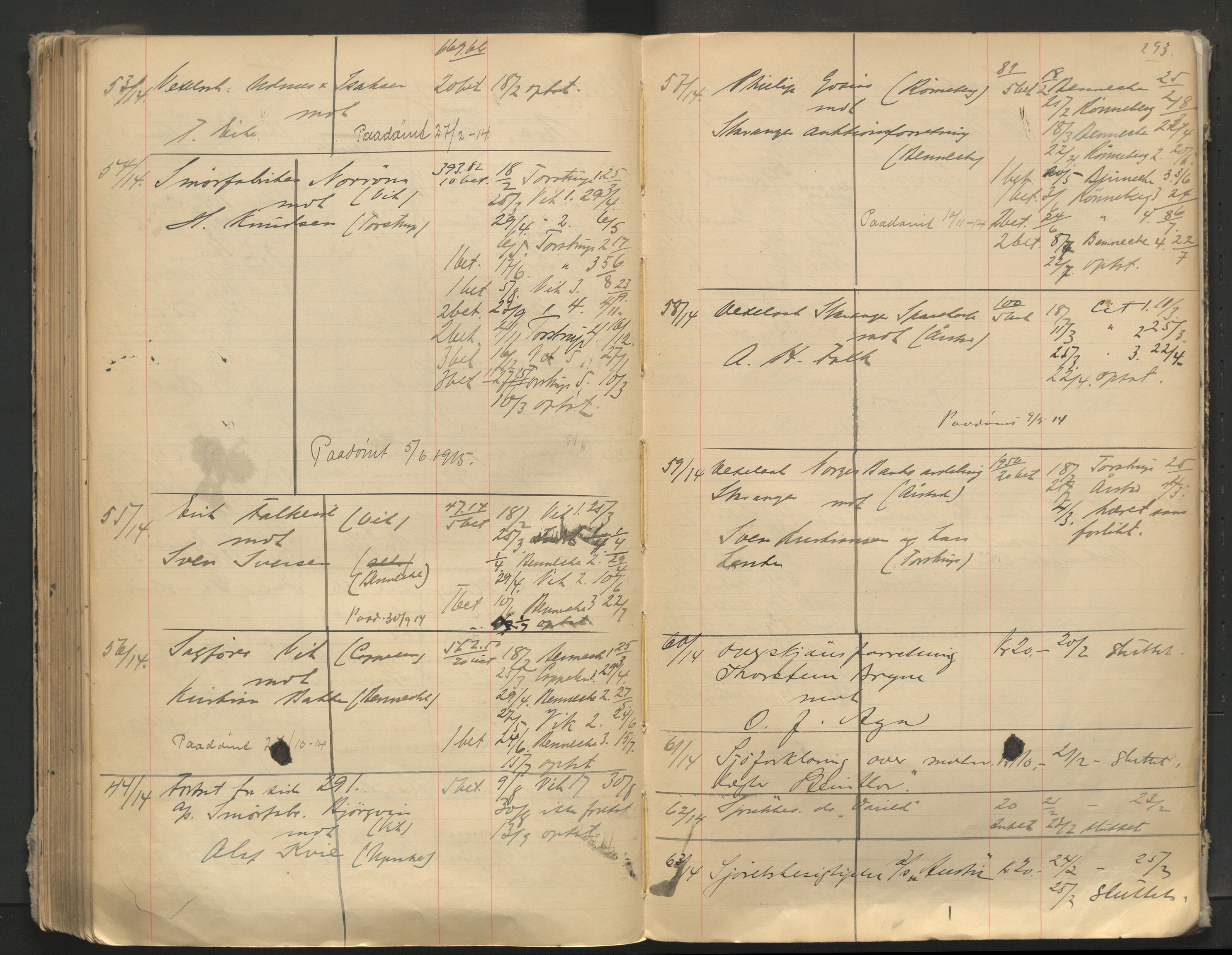 Stavanger byfogd, AV/SAST-A-101408/001/3/32/32A/L0005: Saksliste for Stavanger byting, 1910-1914, s. 292-293