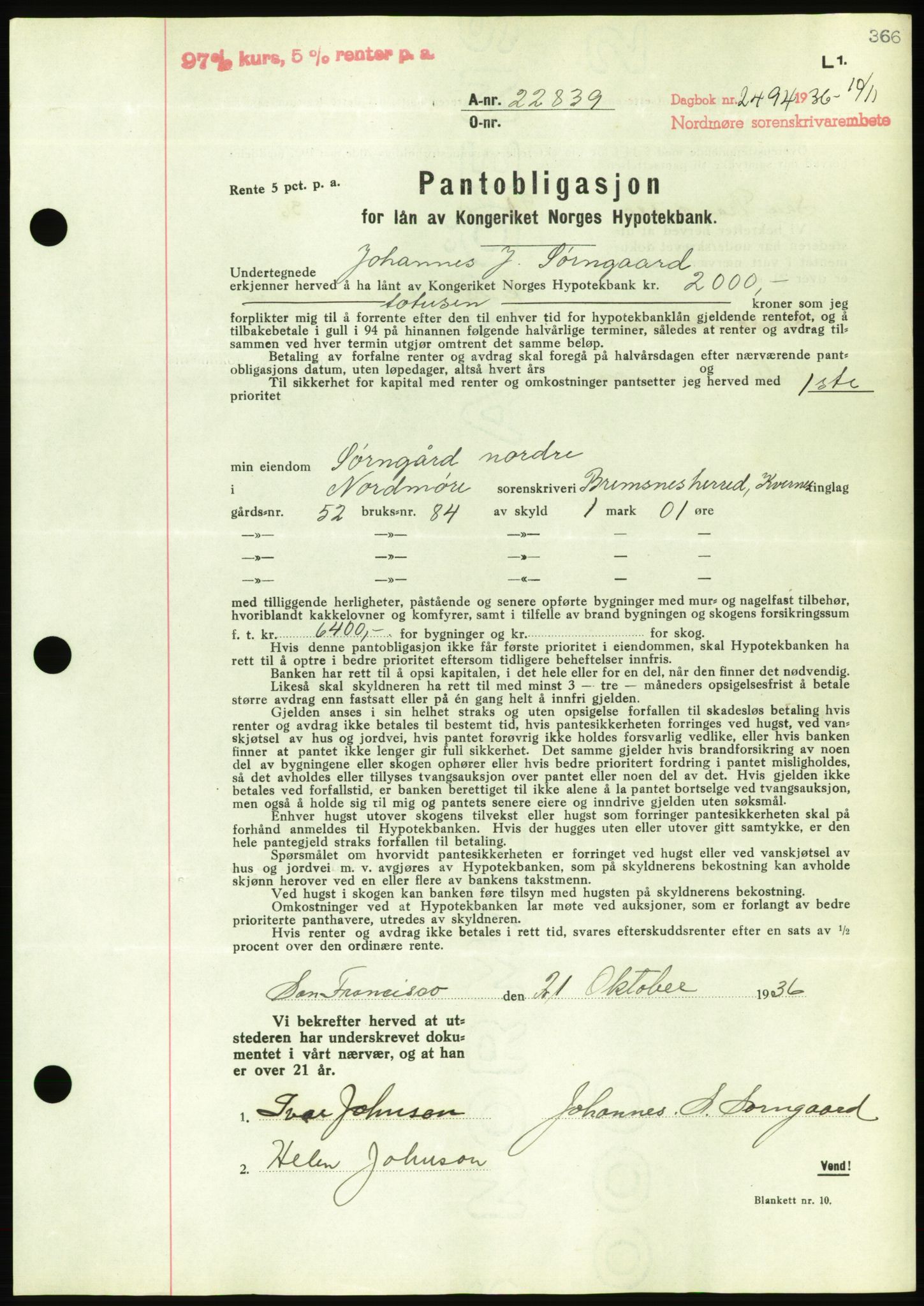 Nordmøre sorenskriveri, AV/SAT-A-4132/1/2/2Ca/L0090: Pantebok nr. B80, 1936-1937, Dagboknr: 2494/1936