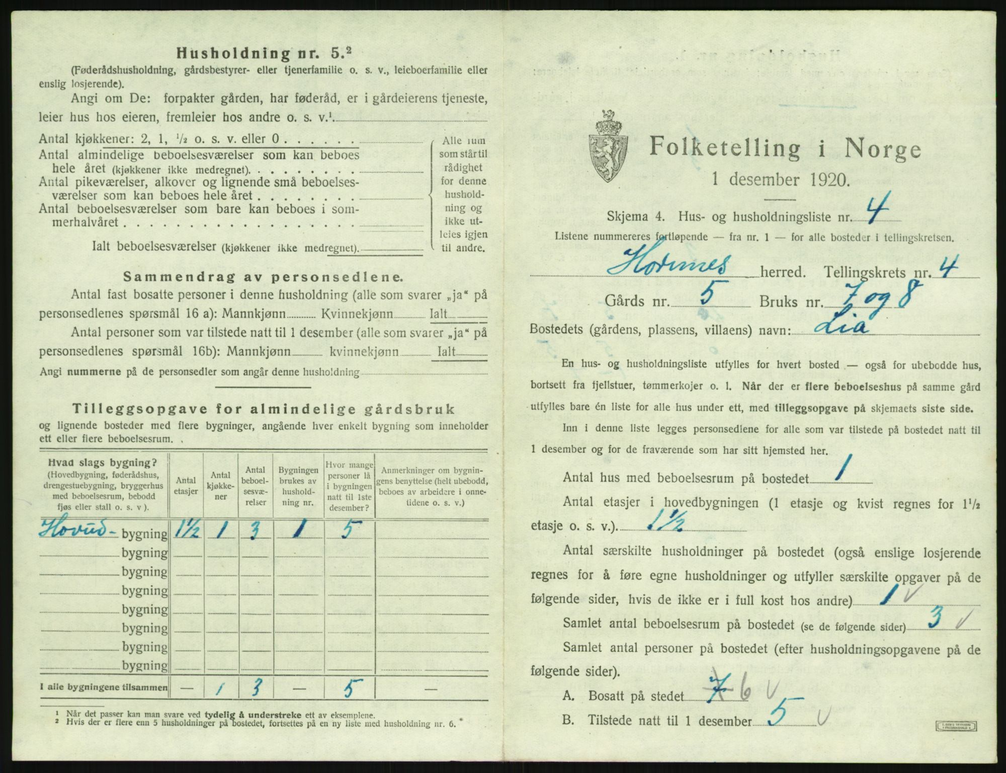 SAK, Folketelling 1920 for 0936 Hornnes herred, 1920, s. 179