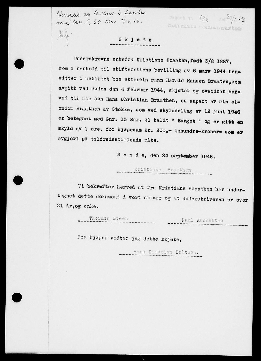 Holmestrand sorenskriveri, SAKO/A-67/G/Ga/Gaa/L0061: Pantebok nr. A-61, 1946-1947, Dagboknr: 186/1947