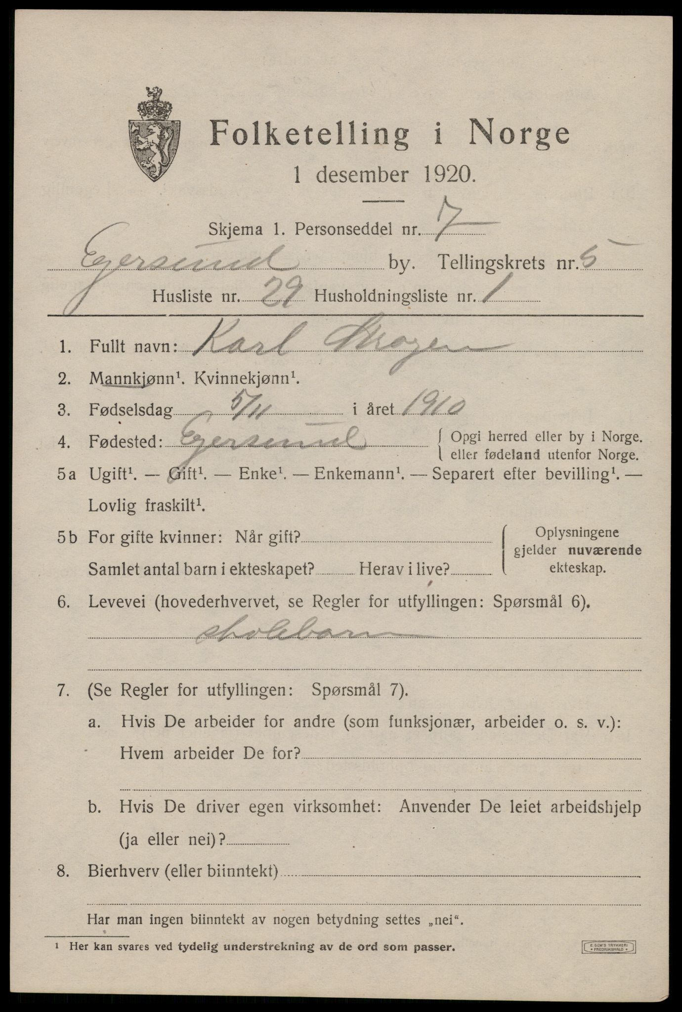 SAST, Folketelling 1920 for 1101 Egersund ladested, 1920, s. 8428