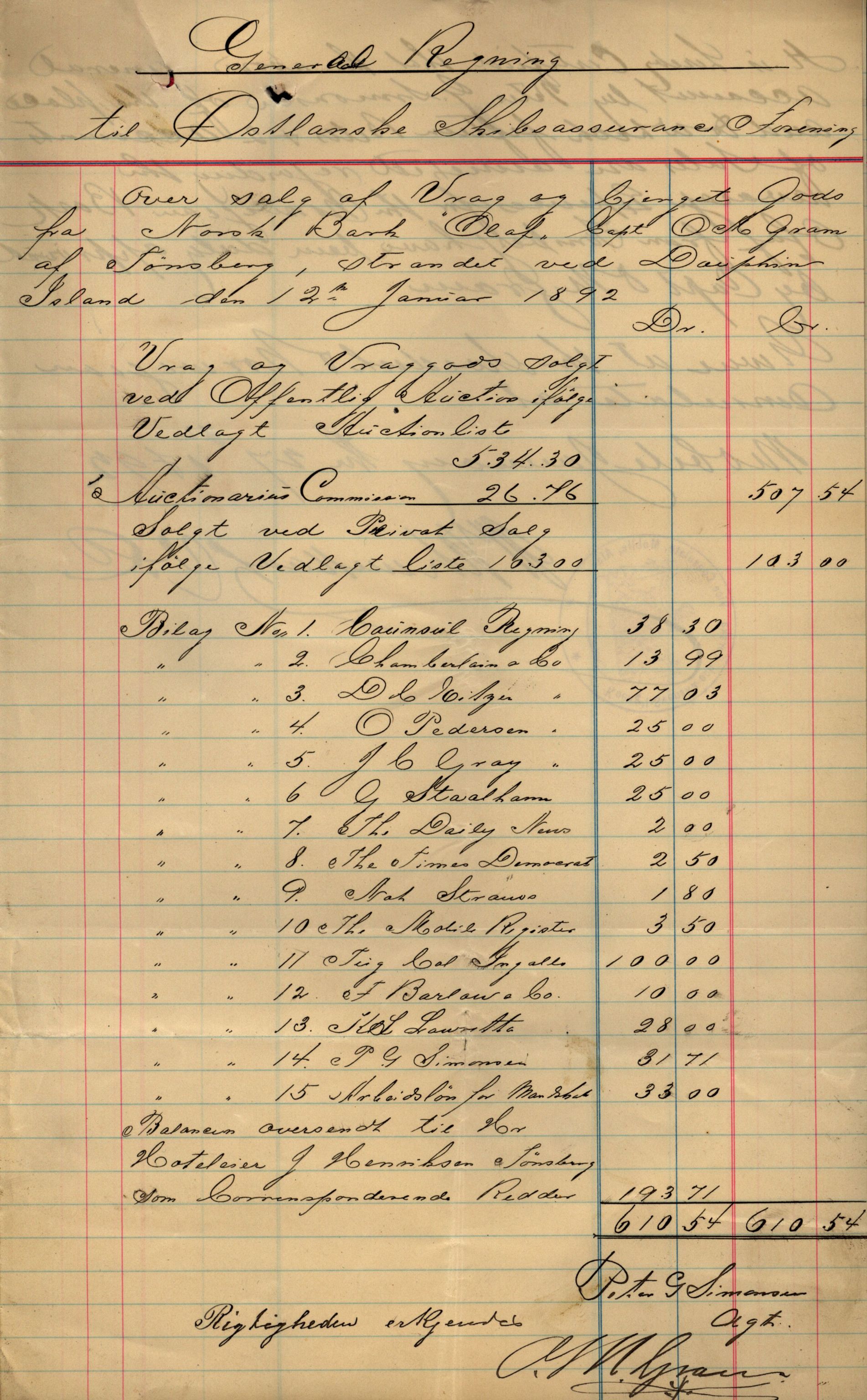 Pa 63 - Østlandske skibsassuranceforening, VEMU/A-1079/G/Ga/L0028/0005: Havaridokumenter / Tjømø, Magnolia, Caroline, Olaf, Stjernen, 1892, s. 115