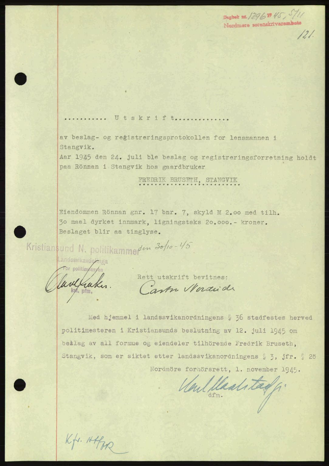 Nordmøre sorenskriveri, AV/SAT-A-4132/1/2/2Ca: Pantebok nr. B93a, 1945-1945, Dagboknr: 1396/1945