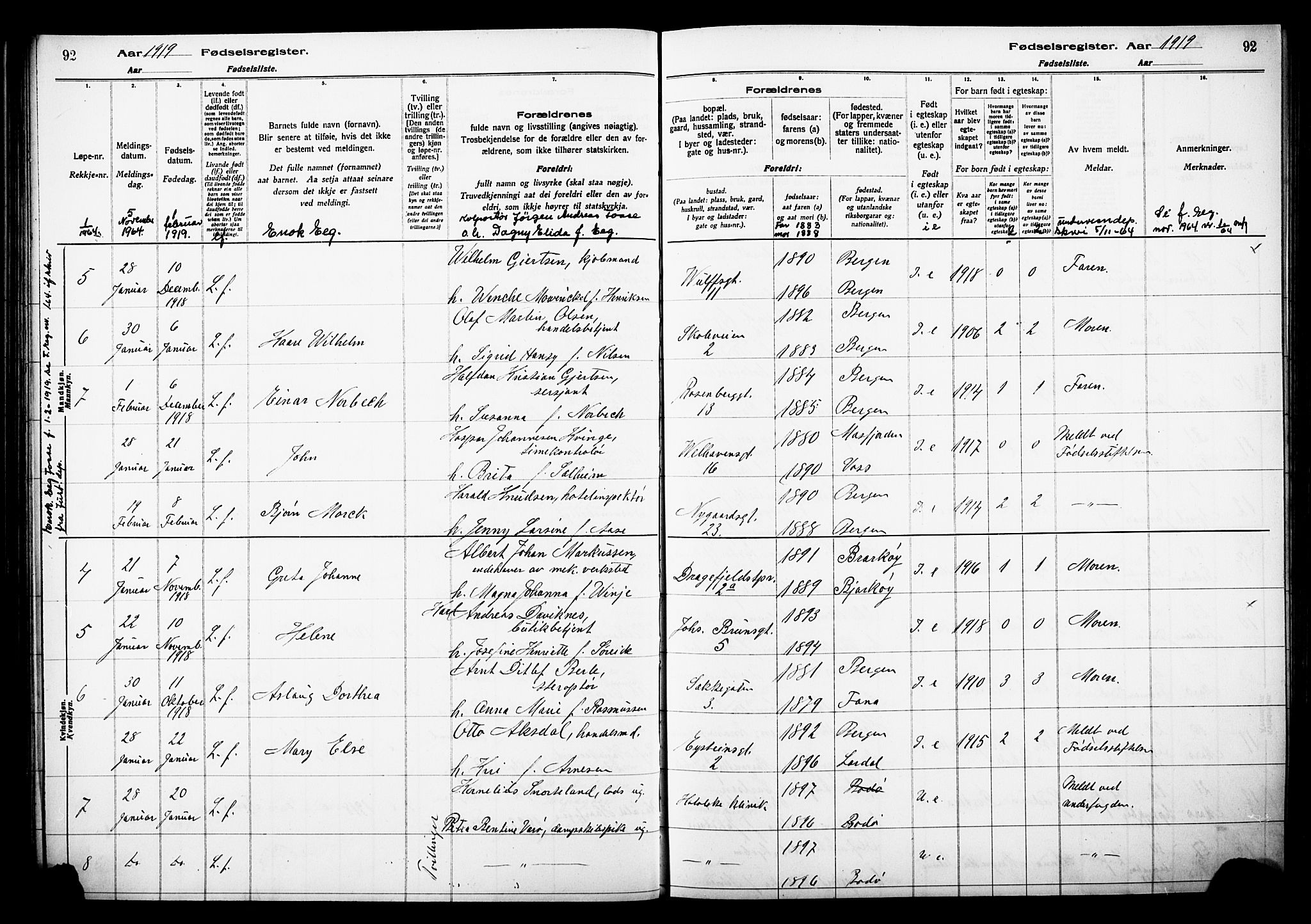 Johanneskirken sokneprestembete, SAB/A-76001/I/Id/L00A1: Fødselsregister nr. A 1, 1916-1924, s. 92