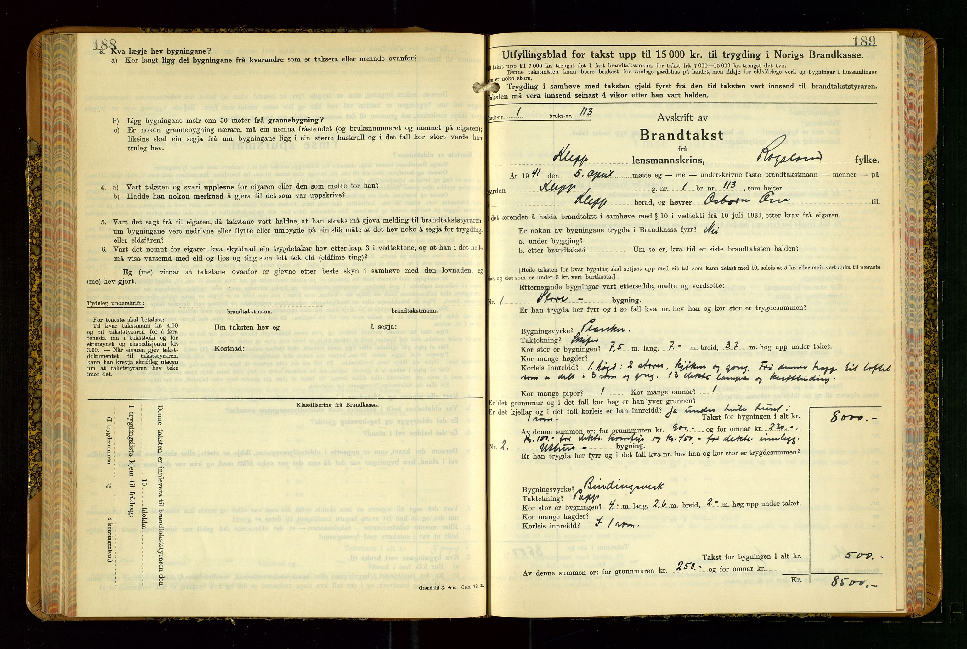 Klepp lensmannskontor, SAST/A-100163/Goc/L0015: "Branntakstbok" m/register, 1939-1947, s. 188-189