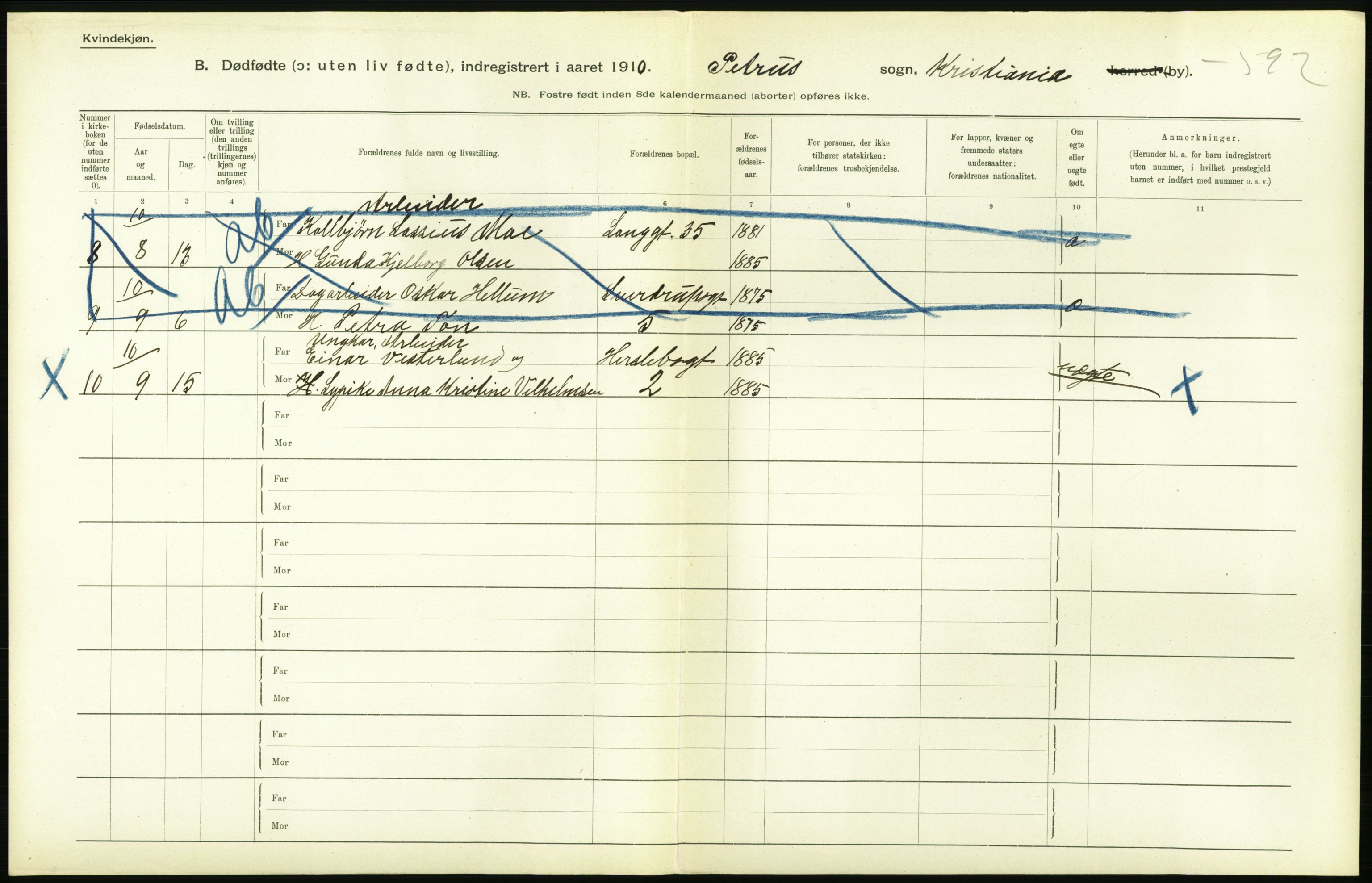 Statistisk sentralbyrå, Sosiodemografiske emner, Befolkning, AV/RA-S-2228/D/Df/Dfa/Dfah/L0009: Kristiania: Gifte og dødfødte., 1910, s. 836