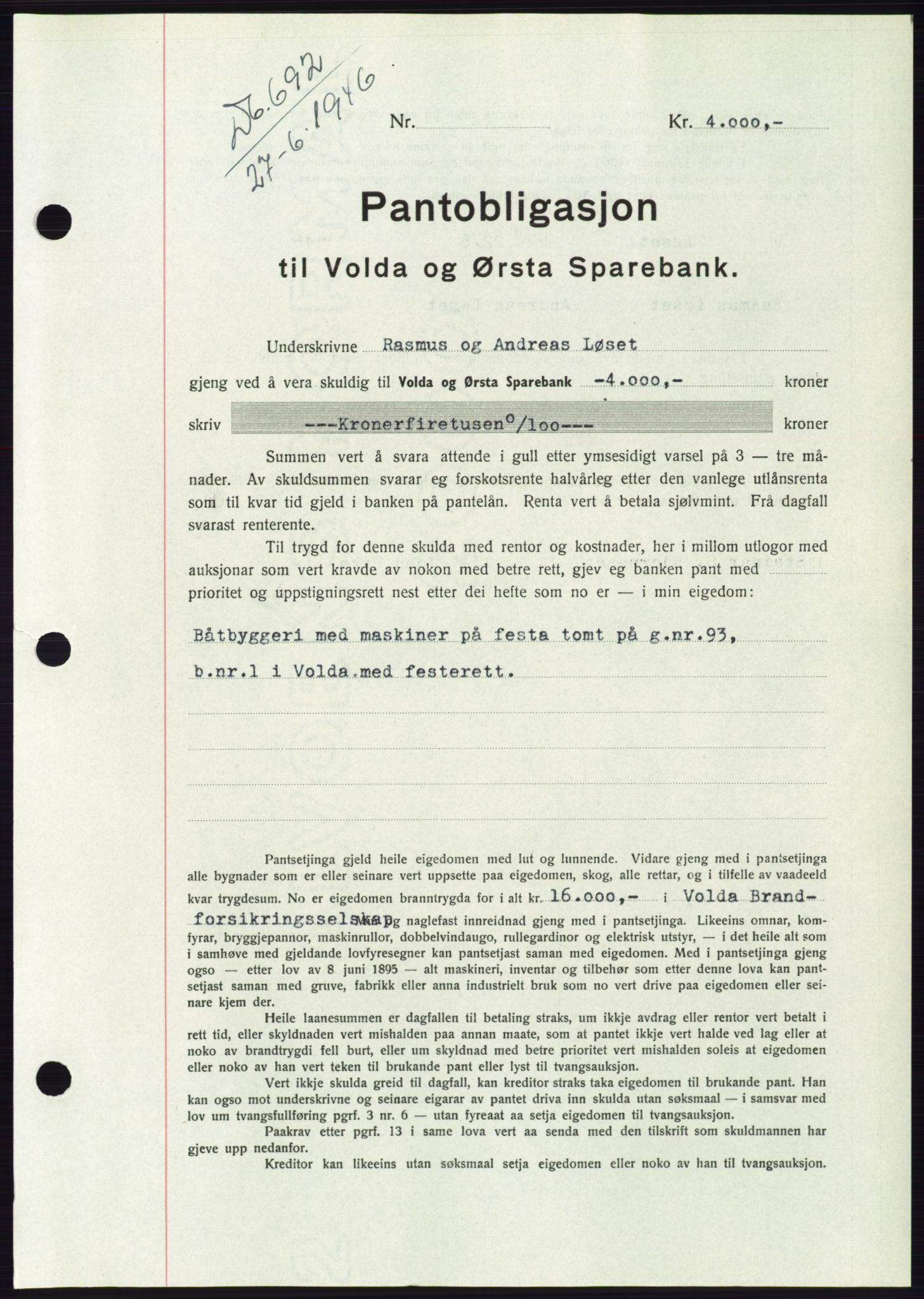 Søre Sunnmøre sorenskriveri, AV/SAT-A-4122/1/2/2C/L0114: Pantebok nr. 1-2B, 1943-1947, Dagboknr: 692/1946