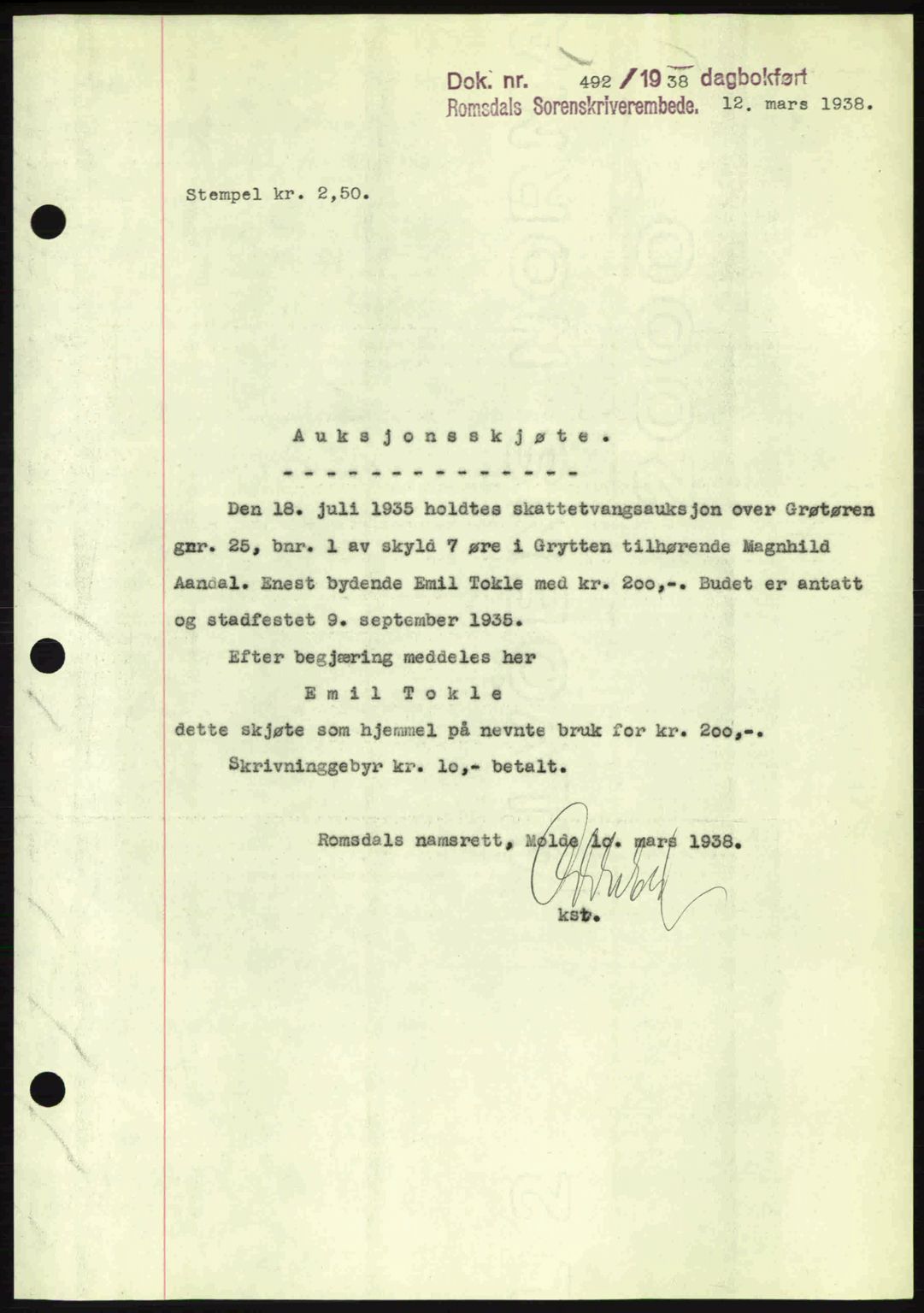 Romsdal sorenskriveri, SAT/A-4149/1/2/2C: Pantebok nr. A4, 1937-1938, Dagboknr: 492/1938