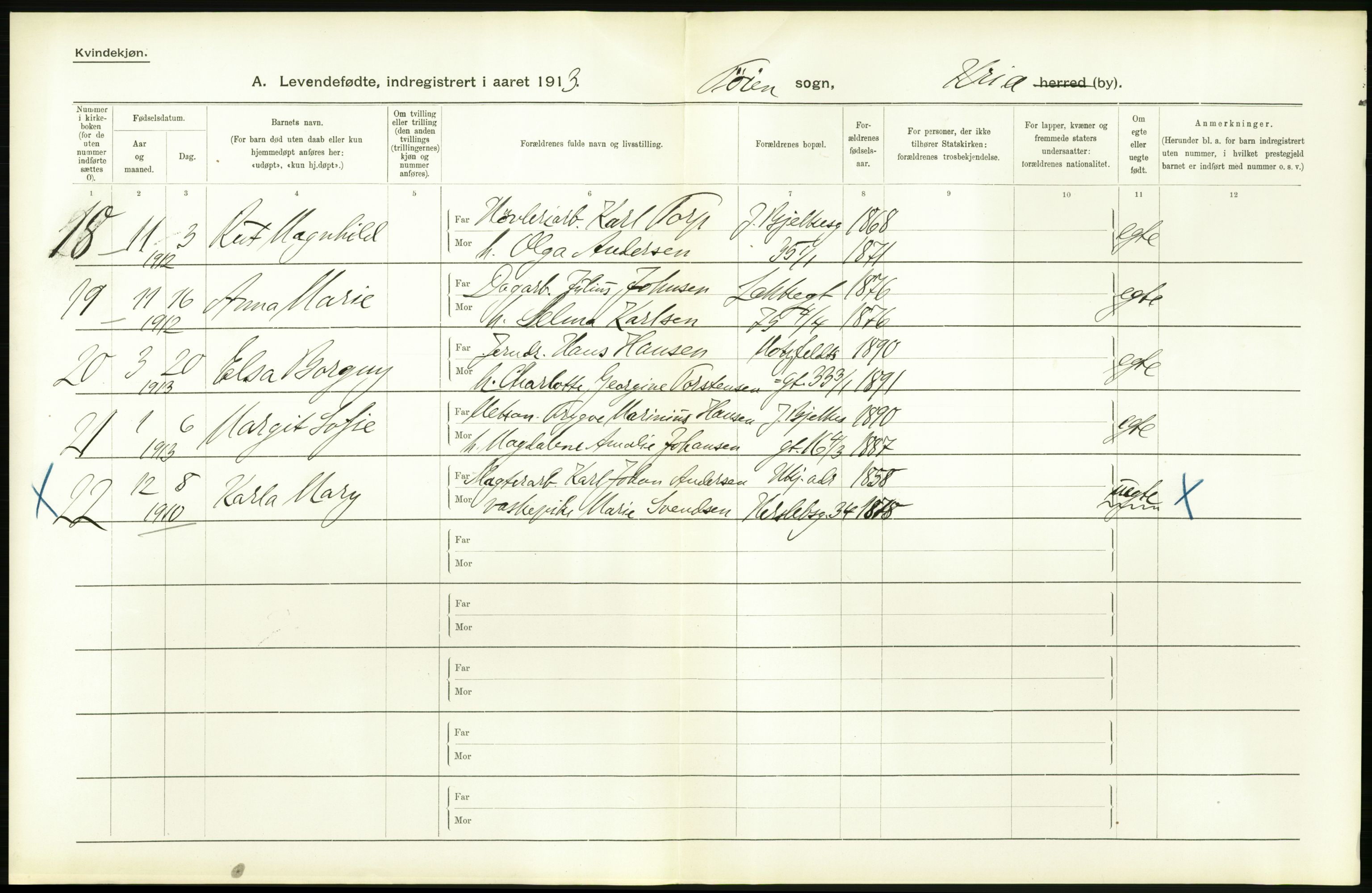 Statistisk sentralbyrå, Sosiodemografiske emner, Befolkning, AV/RA-S-2228/D/Df/Dfb/Dfbc/L0007: Kristiania: Levendefødte menn og kvinner., 1913, s. 594