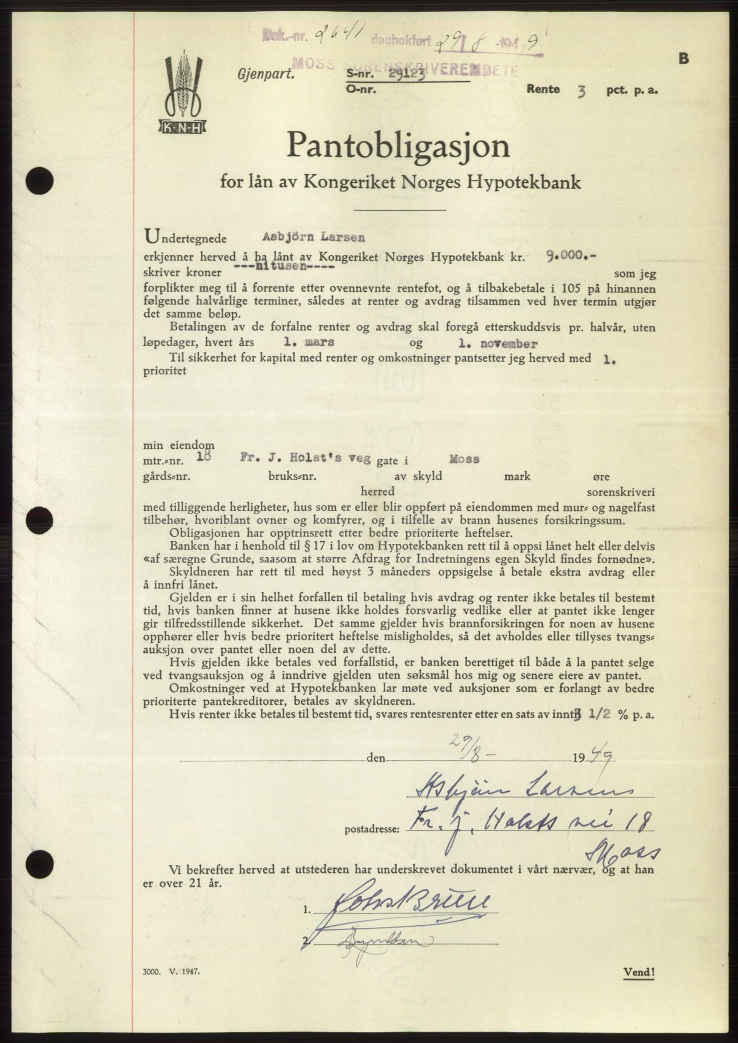 Moss sorenskriveri, SAO/A-10168: Pantebok nr. B22, 1949-1949, Dagboknr: 2641/1949