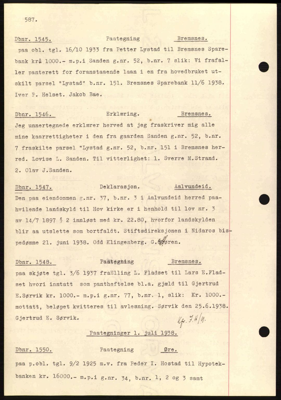 Nordmøre sorenskriveri, SAT/A-4132/1/2/2Ca: Pantebok nr. C80, 1936-1939, Dagboknr: 1545/1938