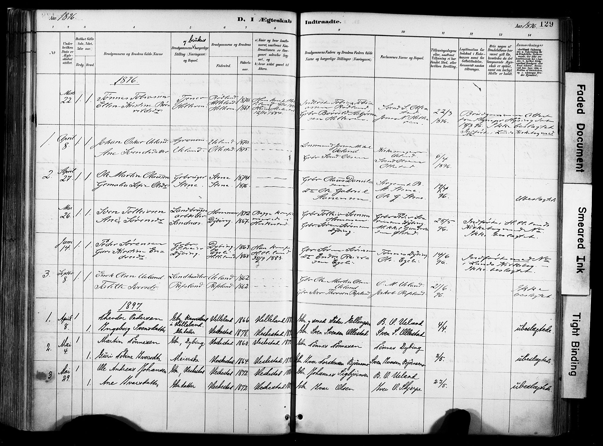 Lund sokneprestkontor, AV/SAST-A-101809/S06/L0012: Ministerialbok nr. A 11, 1887-1921, s. 129