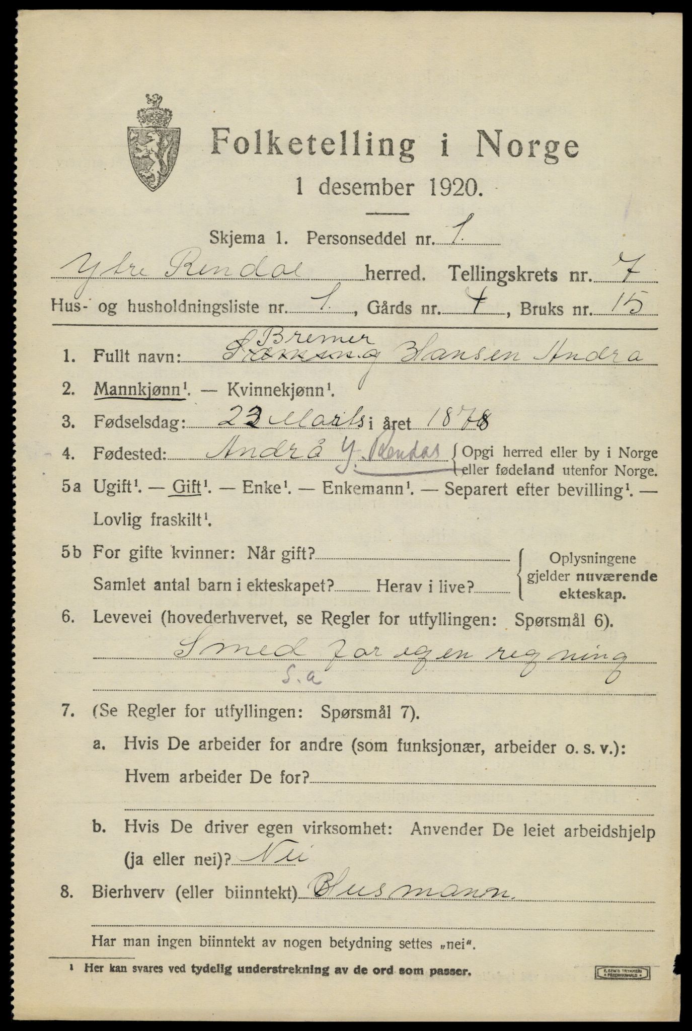 SAH, Folketelling 1920 for 0432 Ytre Rendal herred, 1920, s. 3645