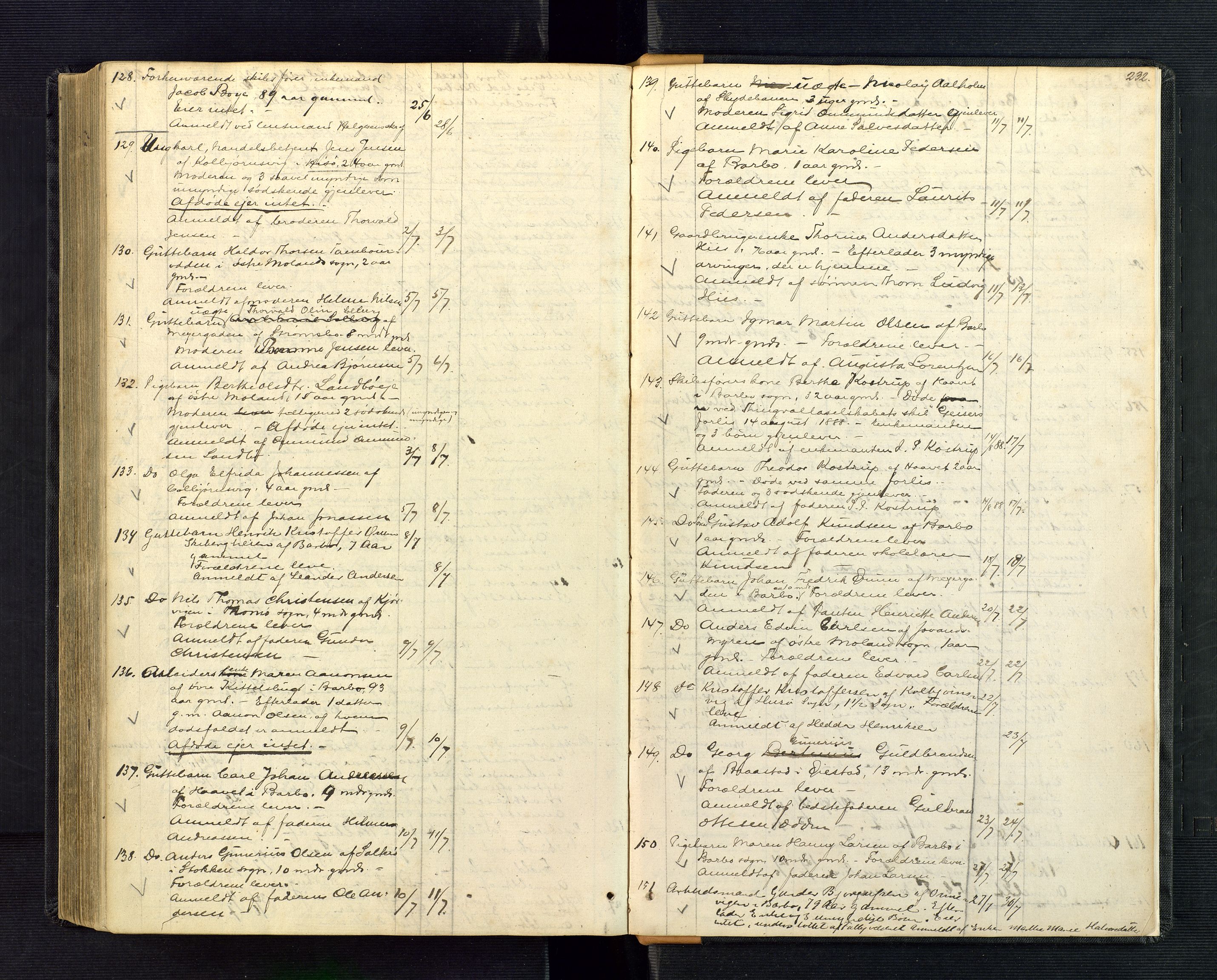 Nedenes sorenskriveri, AV/SAK-1221-0006/H/Ha/L0002: Dødsfallsfortegnelse nr 2, 1863-1889, s. 232