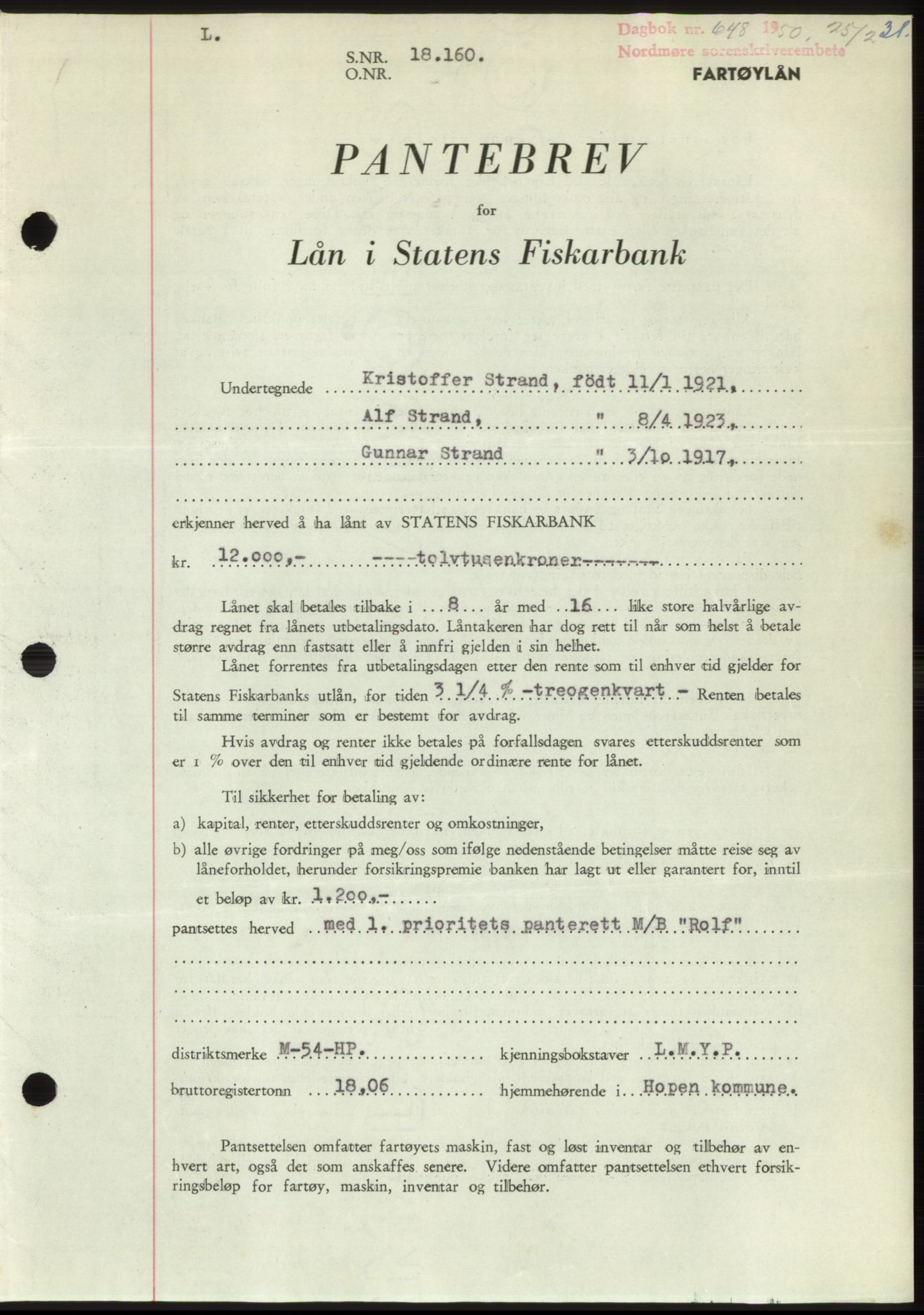 Nordmøre sorenskriveri, SAT/A-4132/1/2/2Ca: Pantebok nr. B104, 1950-1950, Dagboknr: 648/1950