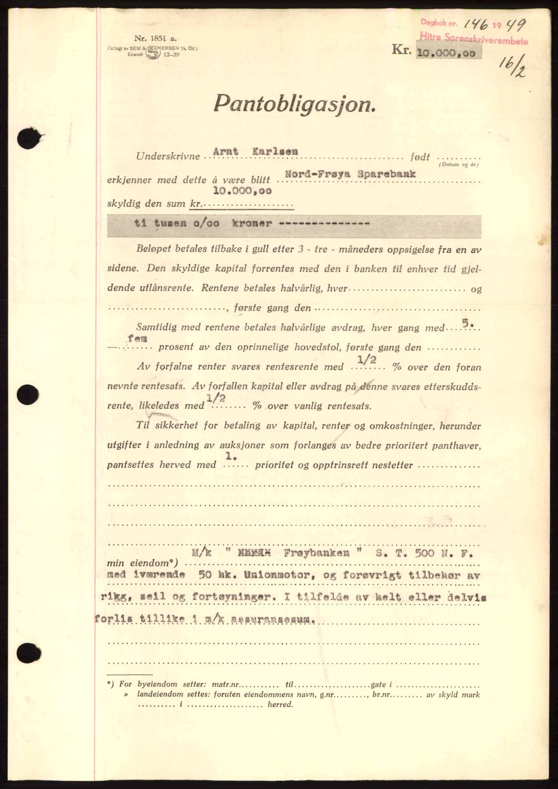 Hitra sorenskriveri, AV/SAT-A-0018/2/2C/2Ca: Pantebok nr. B1, 1939-1949, Dagboknr: 146/1949