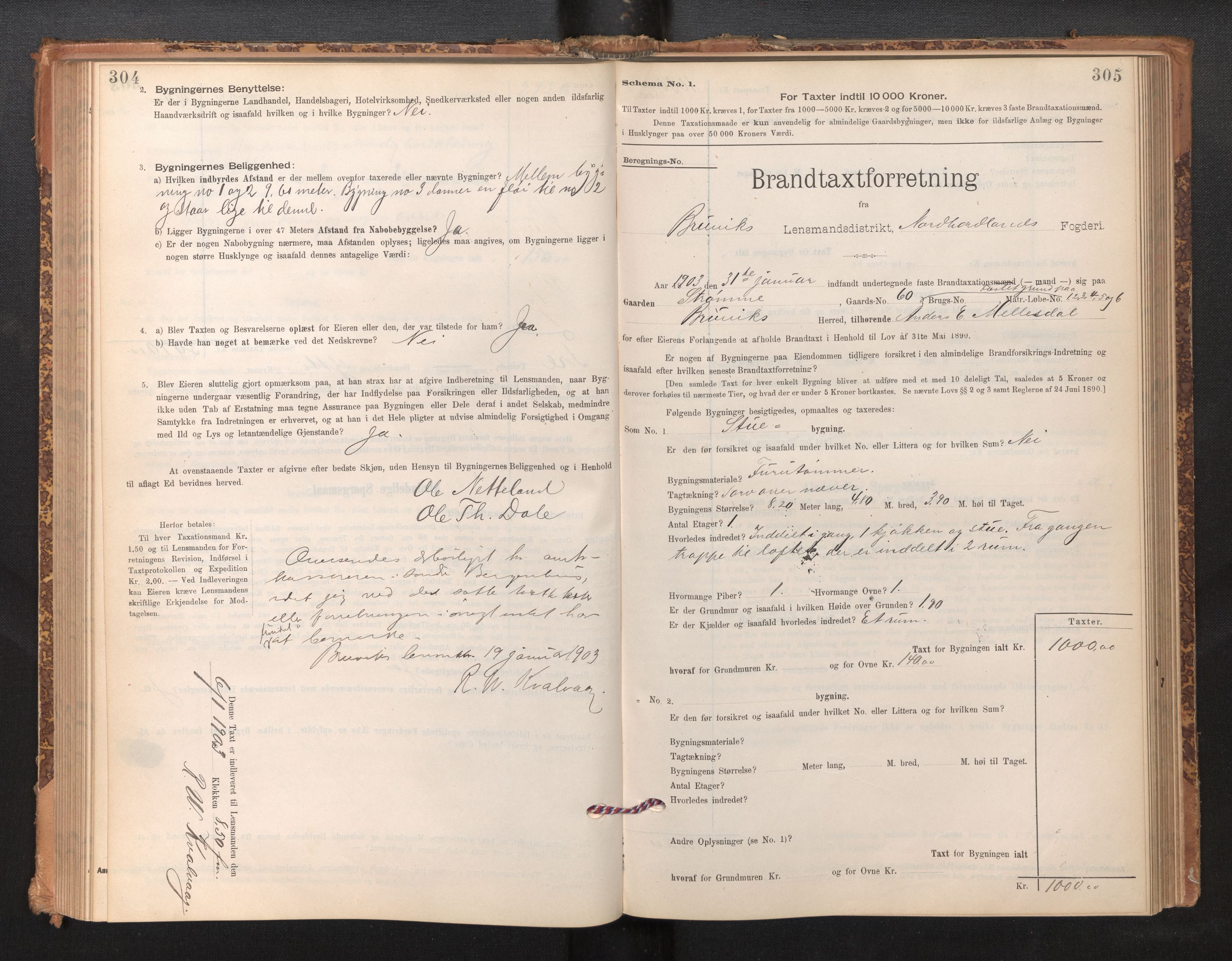 Lensmannen i Bruvik, SAB/A-31301/0012/L0006: Branntakstprotokoll, skjematakst, 1894-1906, s. 304-305