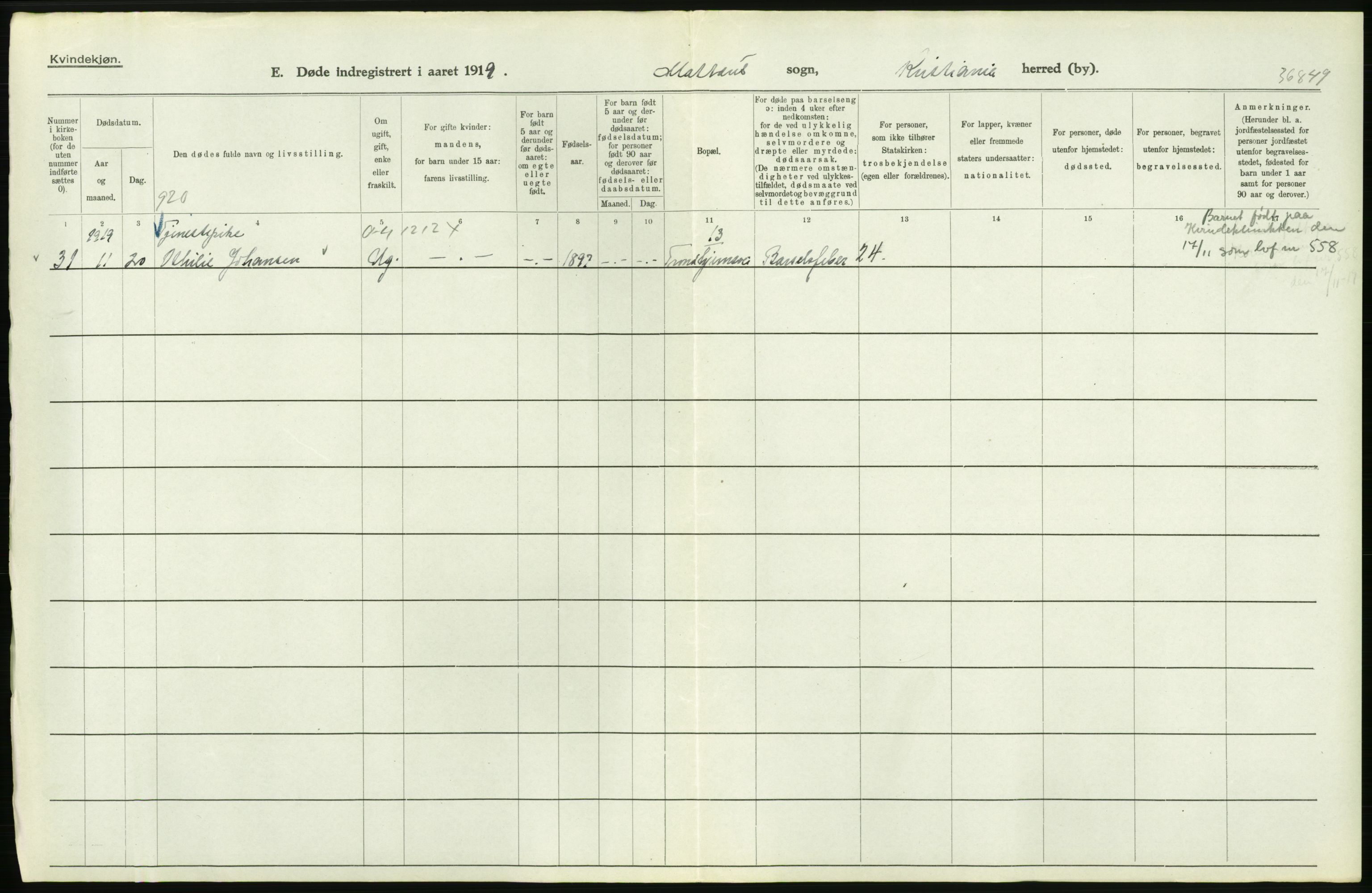 Statistisk sentralbyrå, Sosiodemografiske emner, Befolkning, RA/S-2228/D/Df/Dfb/Dfbi/L0010: Kristiania: Døde, 1919, s. 700