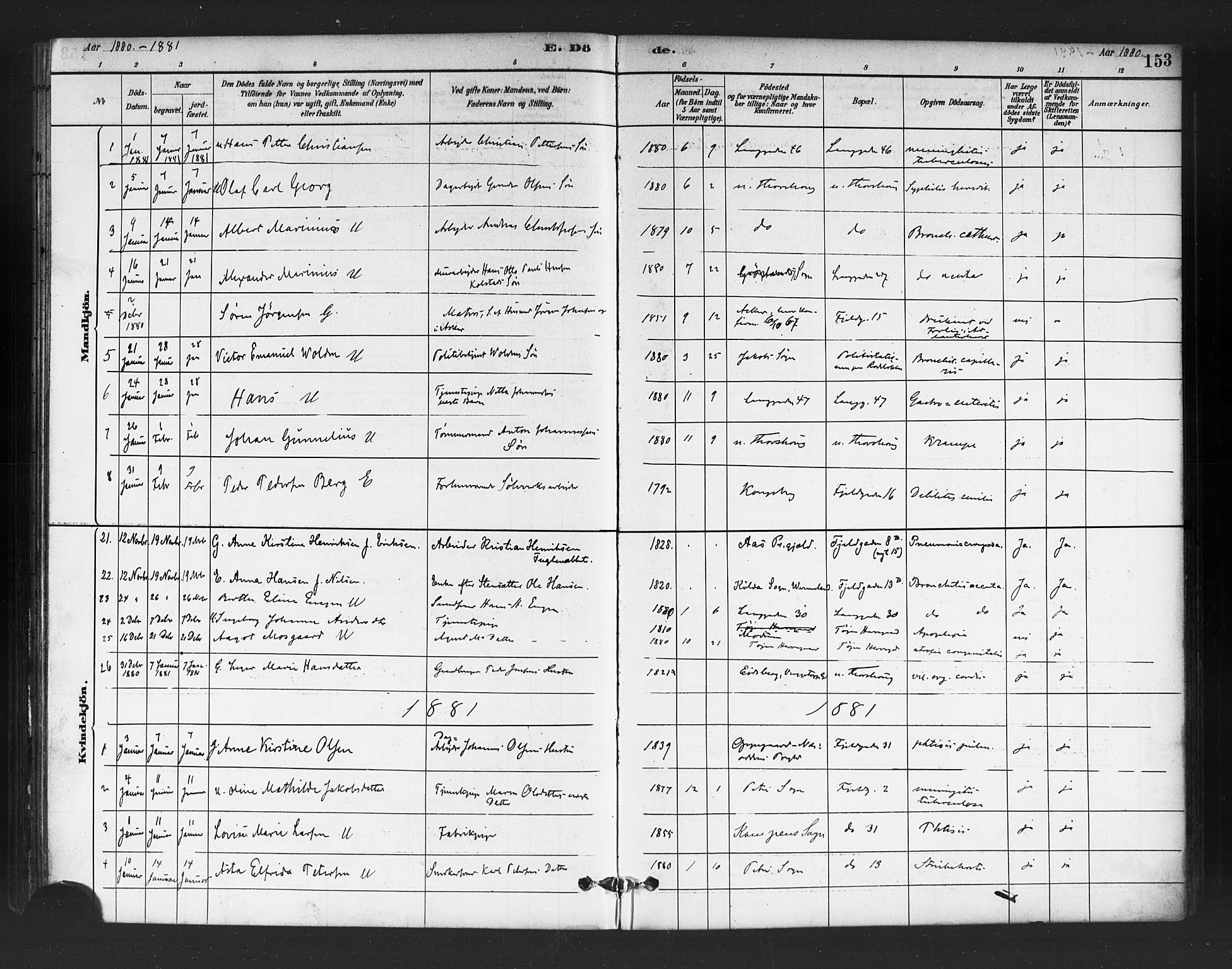 Petrus prestekontor Kirkebøker, AV/SAO-A-10872/F/Fa/L0002: Ministerialbok nr. I 2, 1881-1896, s. 153