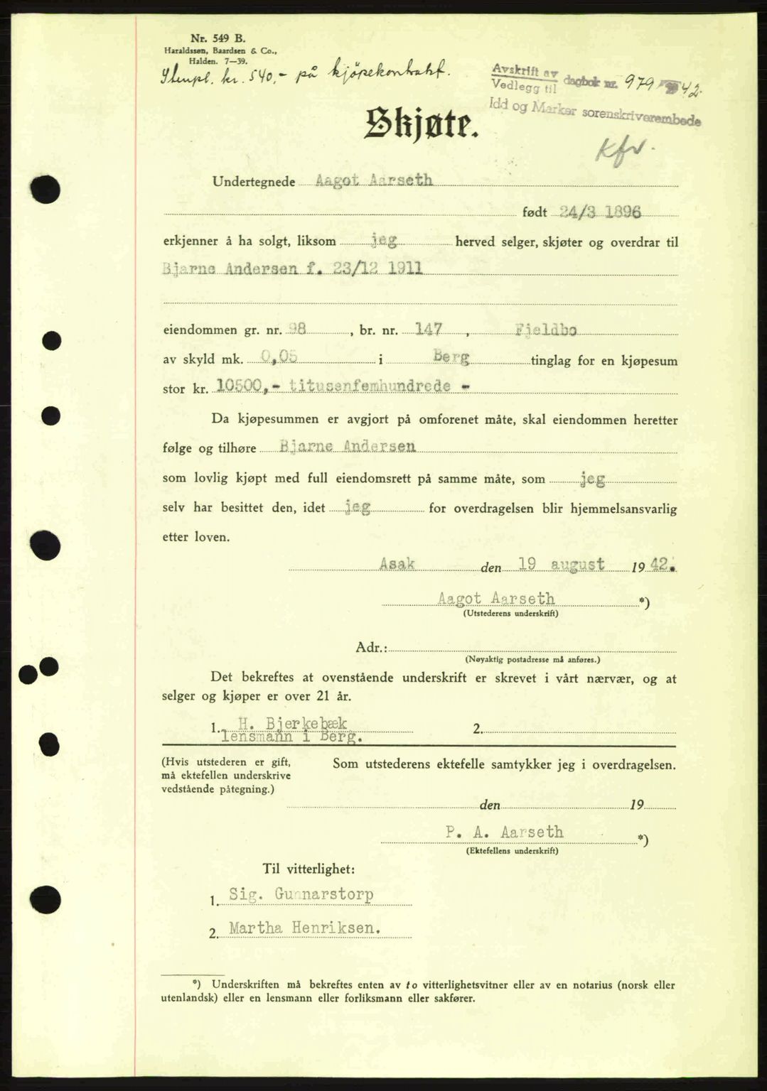 Idd og Marker sorenskriveri, AV/SAO-A-10283/G/Gb/Gbb/L0005: Pantebok nr. A5, 1941-1943, Dagboknr: 979/1942