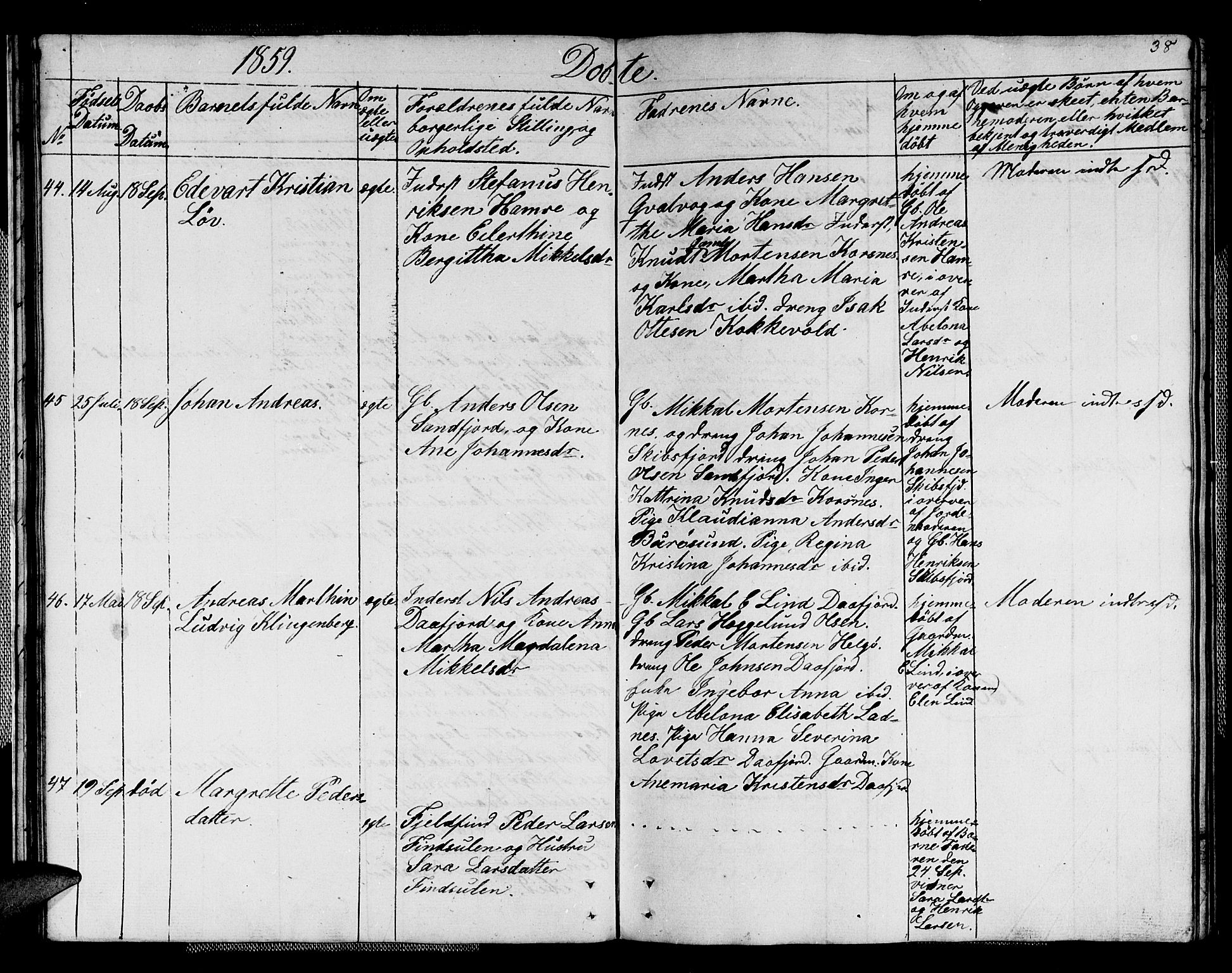 Karlsøy sokneprestembete, AV/SATØ-S-1299/H/Ha/Hab/L0004klokker: Klokkerbok nr. 4, 1845-1870, s. 38