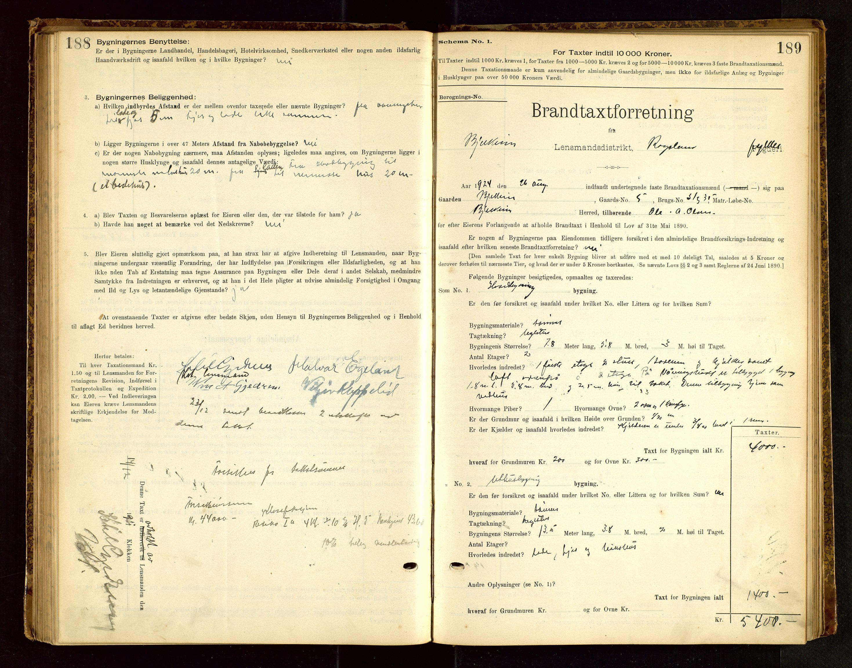 Bjerkreim lensmannskontor, SAST/A-100090/Gob/L0001: "Brandtaxationsprotokol", 1895-1950, s. 188-189